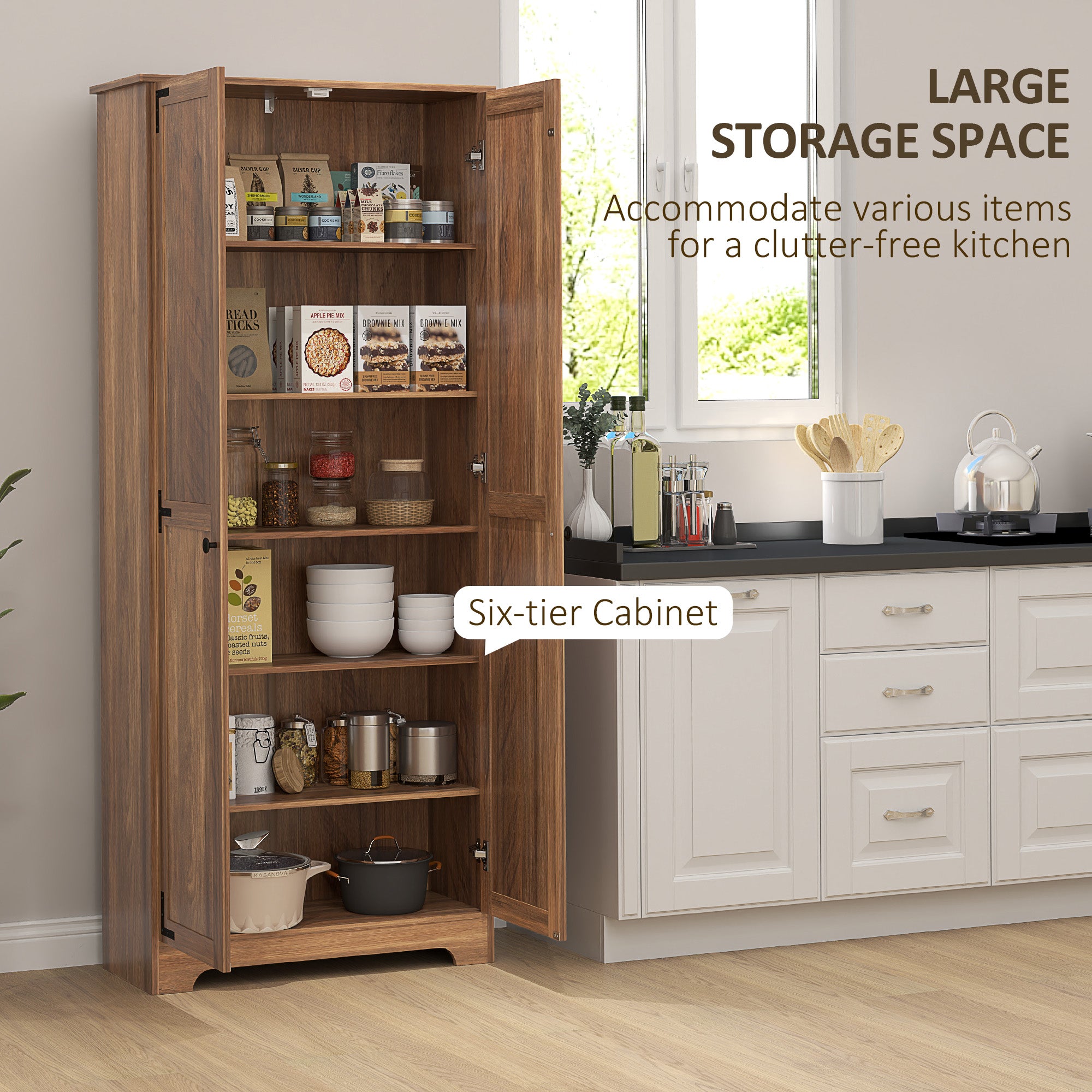HOMCOM 72" Farmhouse Pantry Cabinet, Freestanding Food Pantry Cabinet with Adjustable Shelves, Brown