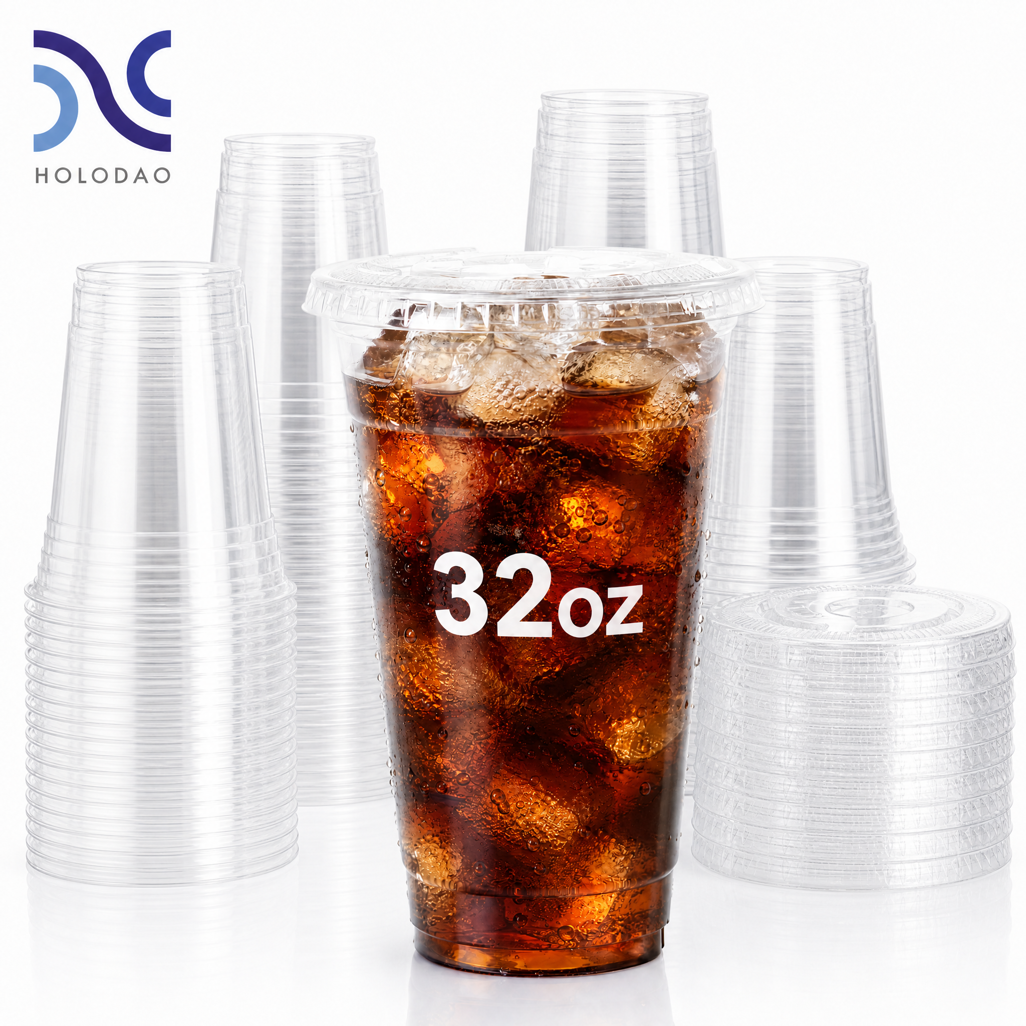 100 Pack 32oz Clear Plastic Cups With Lids, Disposable Iced Coffee Cups with Flat Lids