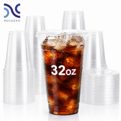 100 Pack 32oz Clear Plastic Cups With Lids, Disposable Iced Coffee Cups with Flat Lids