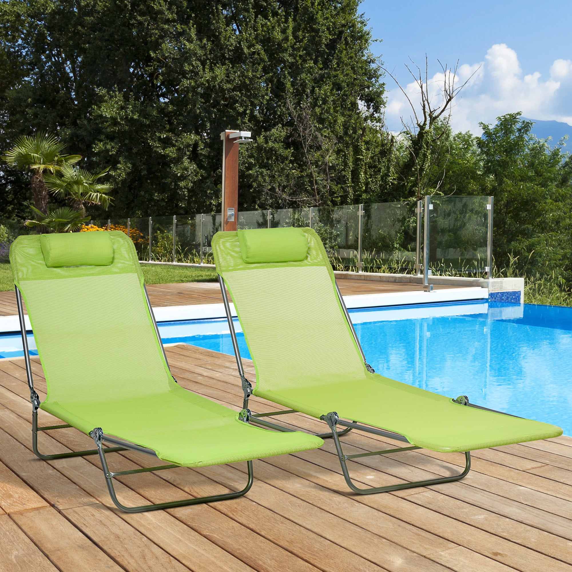 Outsunny 2 Piece Folding Chaise Lounge Chairs, Pool Sun Tanning Chairs with Reclining Back, Breathable Mesh Seat, Headrest for Beach, Yard, Patio, Green