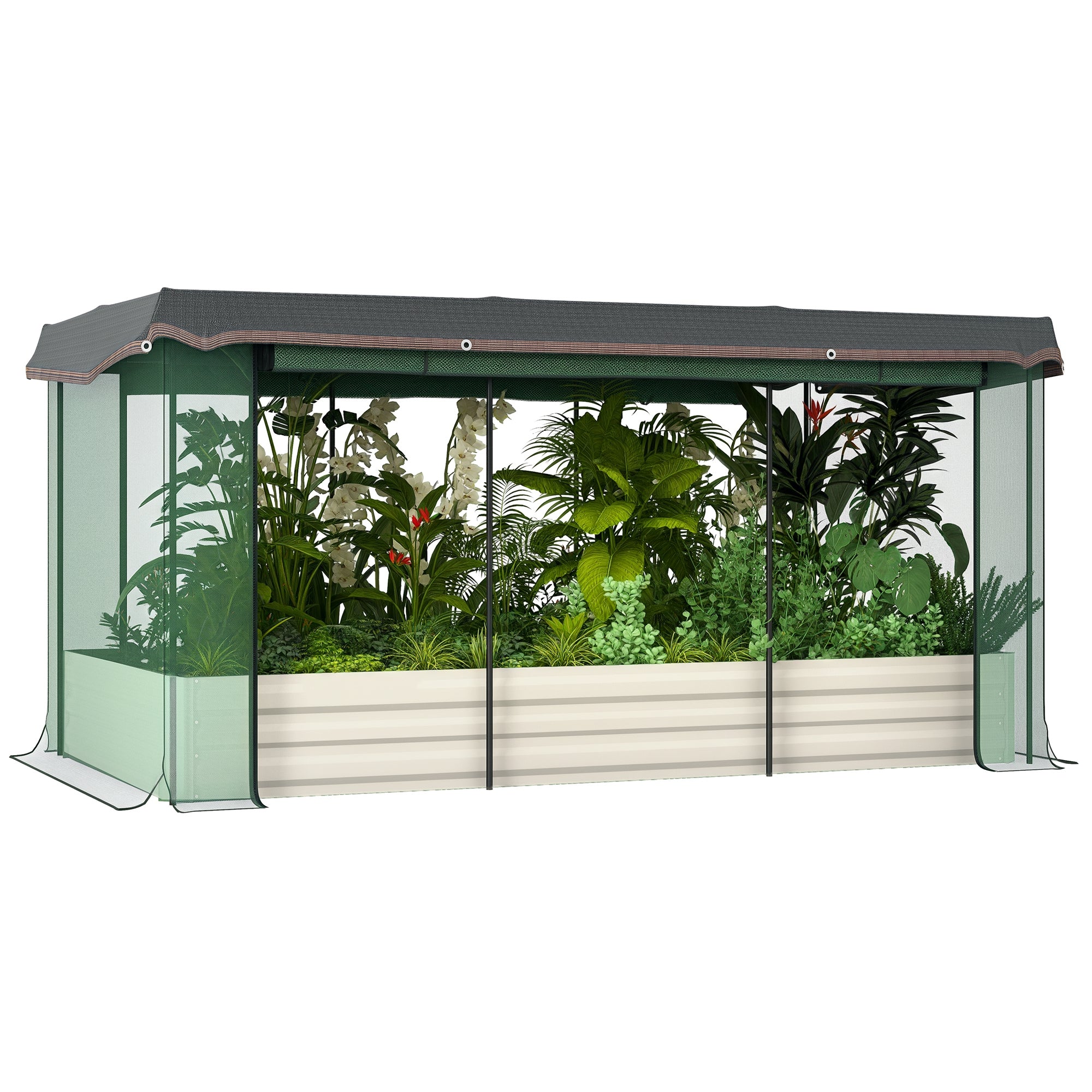 Outsunny Galvanized Steel Planter Box with Crop Cage and Shade Cloth, Raised Garden Bed for Flowers, Veggies and Herbs, Beige