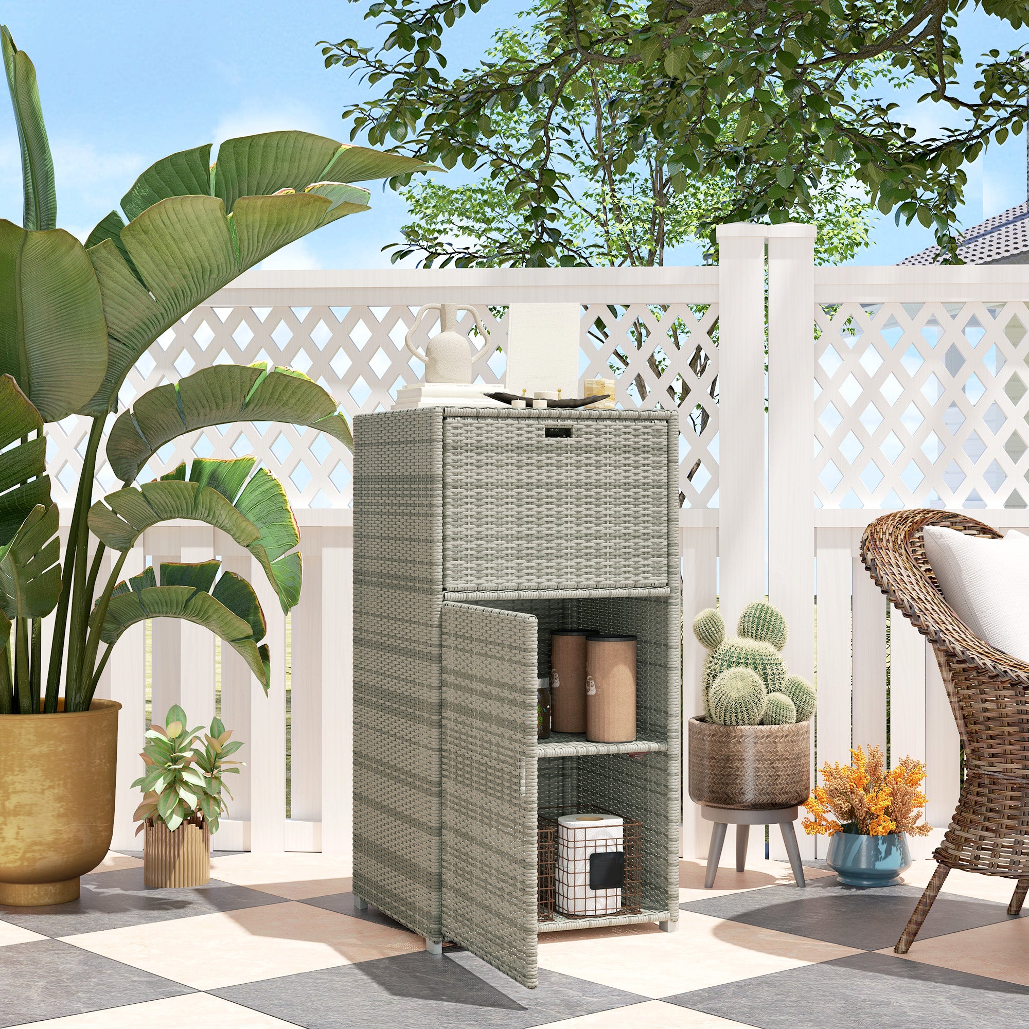 Outsunny Outdoor Towel Rack for Pool w/ Drawer & Cabinet, Gray