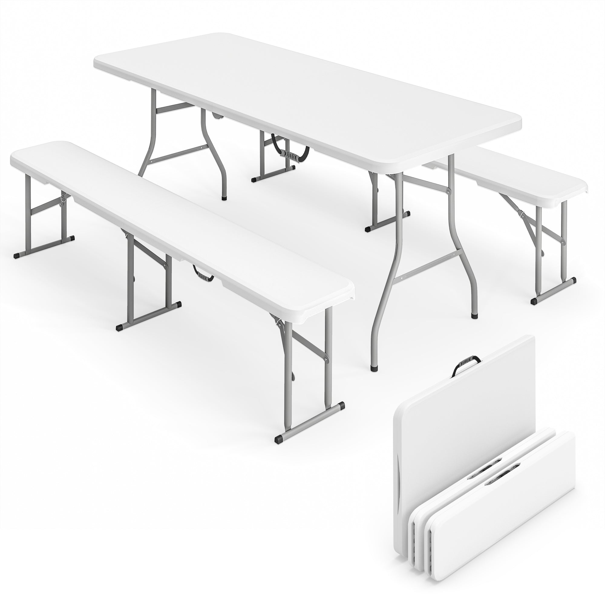 Outsunny 6FT 3 PCS Portable Camping Table and Chairs, Folding Picnic Table Bench Set with Carrying Handles for BBQ, Party, White