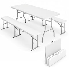 Outsunny 6FT 3 PCS Portable Camping Table and Chairs, Folding Picnic Table Bench Set with Carrying Handles for BBQ, Party, White