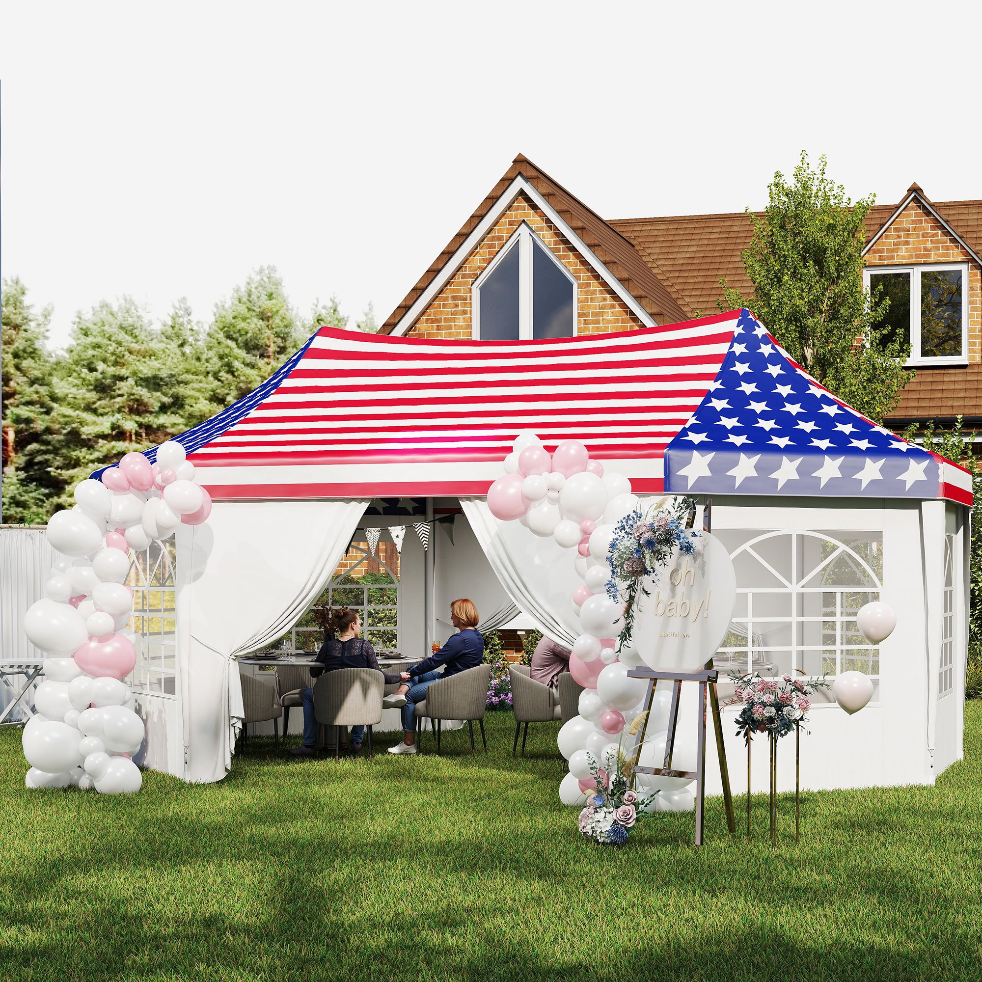 Outsunny 22.3 x 16.4 ft Heavy Duty Party Tent, Outdoot Canopy Tent with 2 Doors and 6 Windows, American Flag