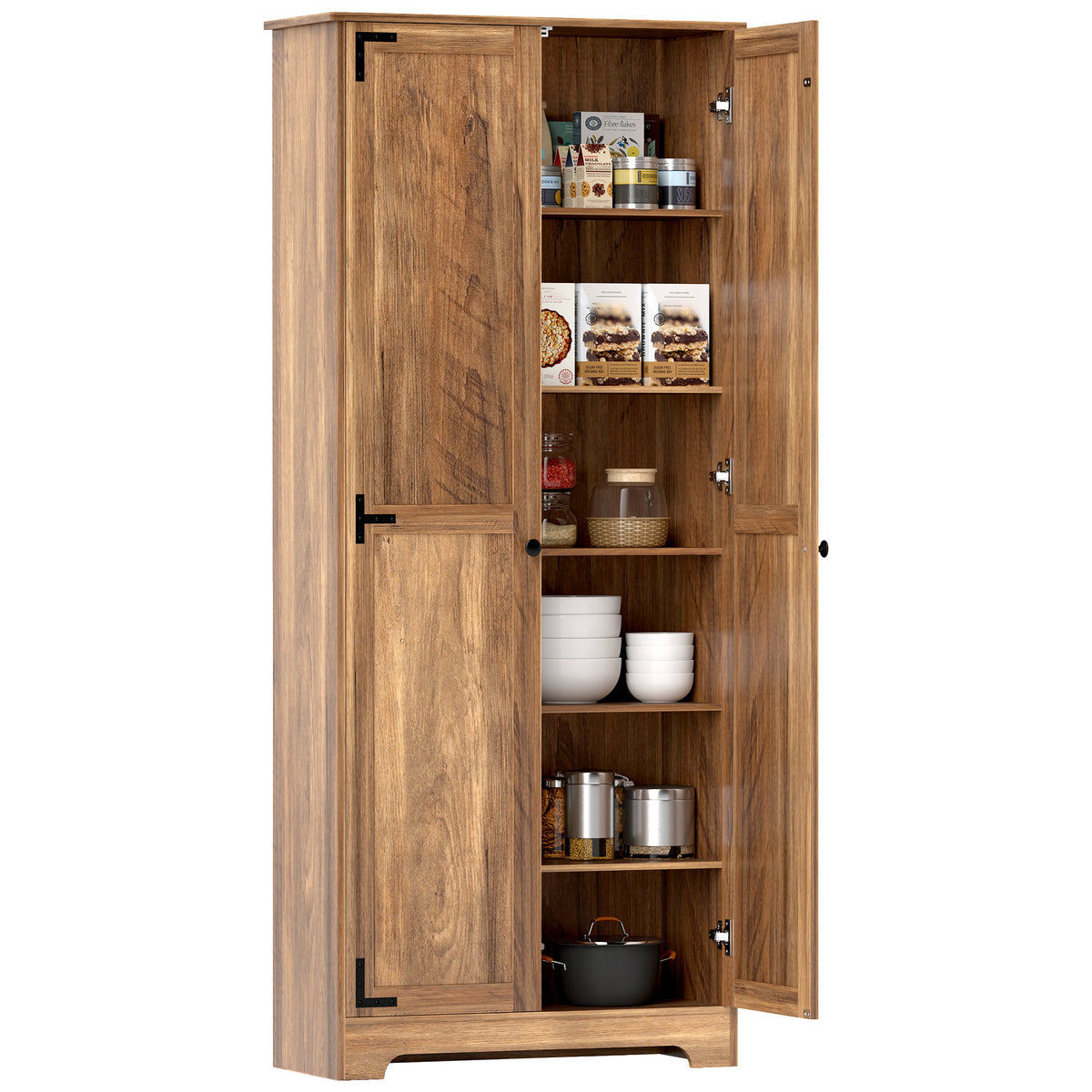 HOMCOM 72" Farmhouse Pantry Cabinet, Freestanding Food Pantry Cabinet with Adjustable Shelves, Brown