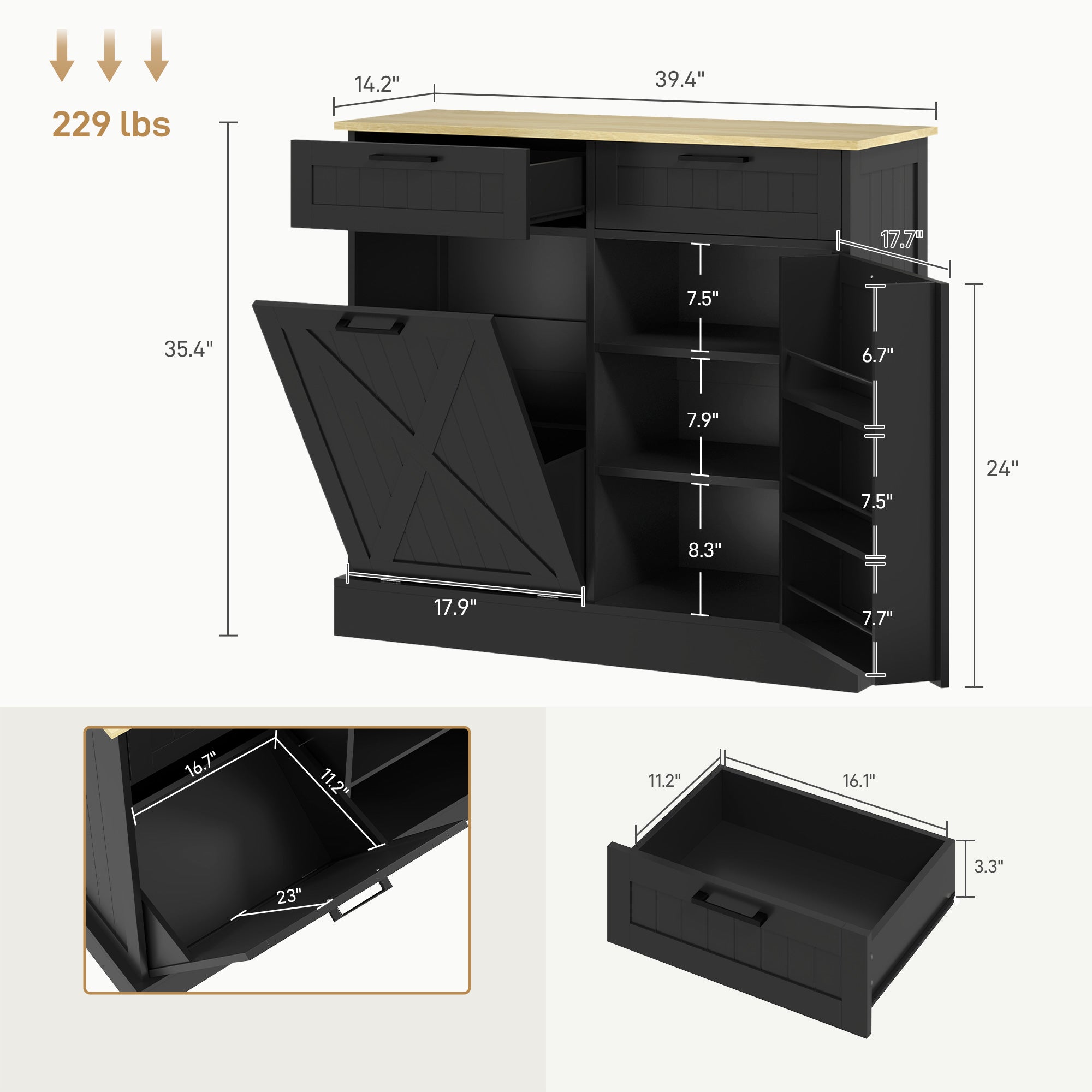 HOMCOM 10 Gallon Farmhouse Kitchen Cabinet with Hidden Trash Can and 2 Drawers, Tilt Out Trash Can Cabinet for Kitchen, Black