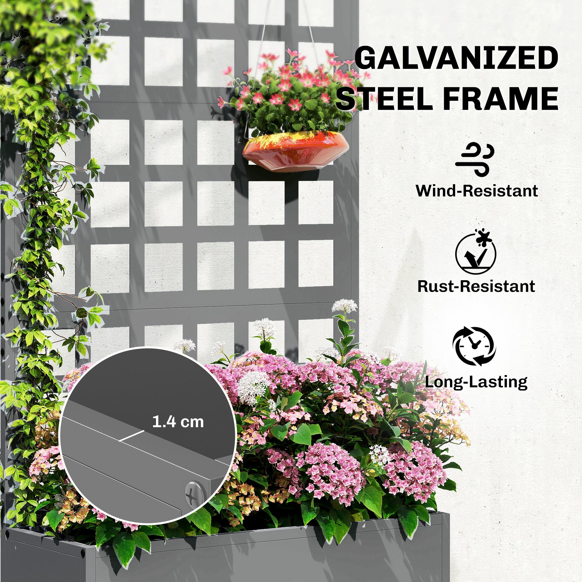 Outsunny Galvanized Raised Garden Bed Planter Box with Trellis for Climbing Plants, Vegetable, Vines, 24" x 9" x 44.5", Gray