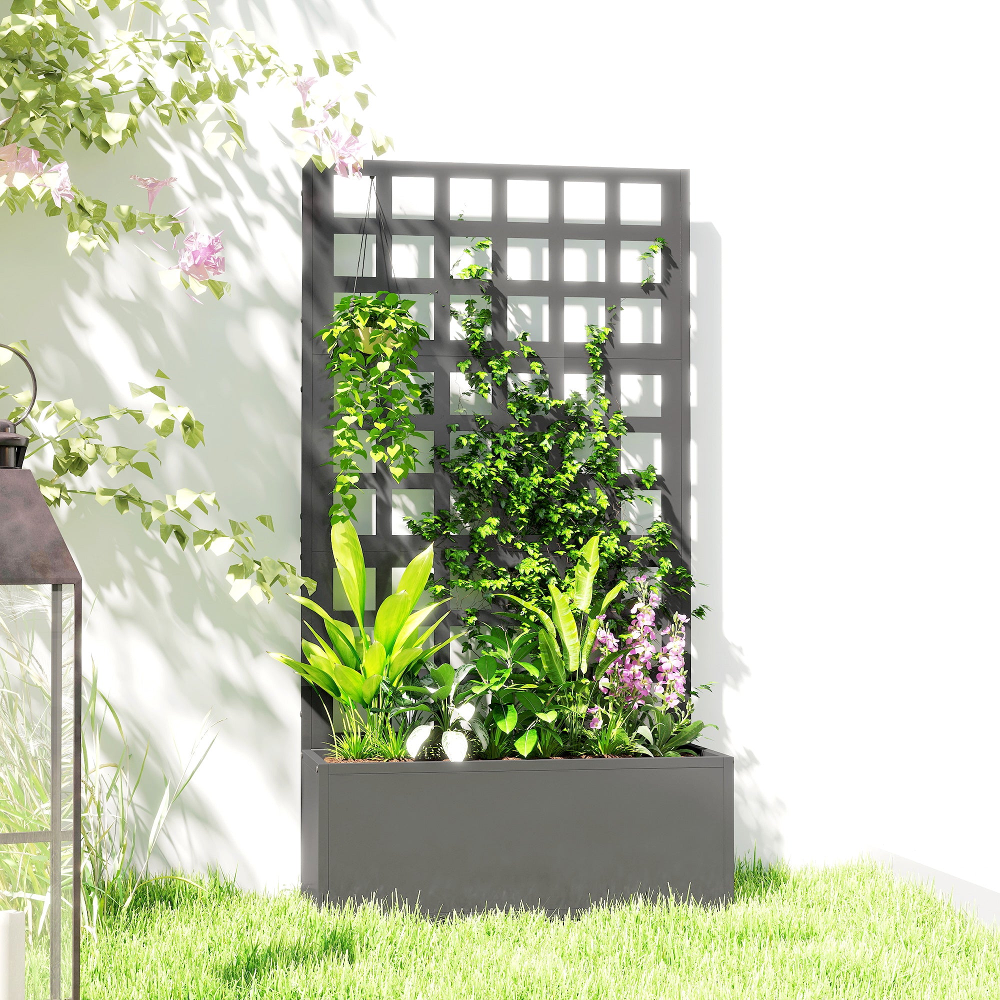 Outsunny Galvanized Raised Garden Bed Planter Box with Trellis for Climbing Plants, Vegetable, Vines, 24" x 9" x 44.5", Gray