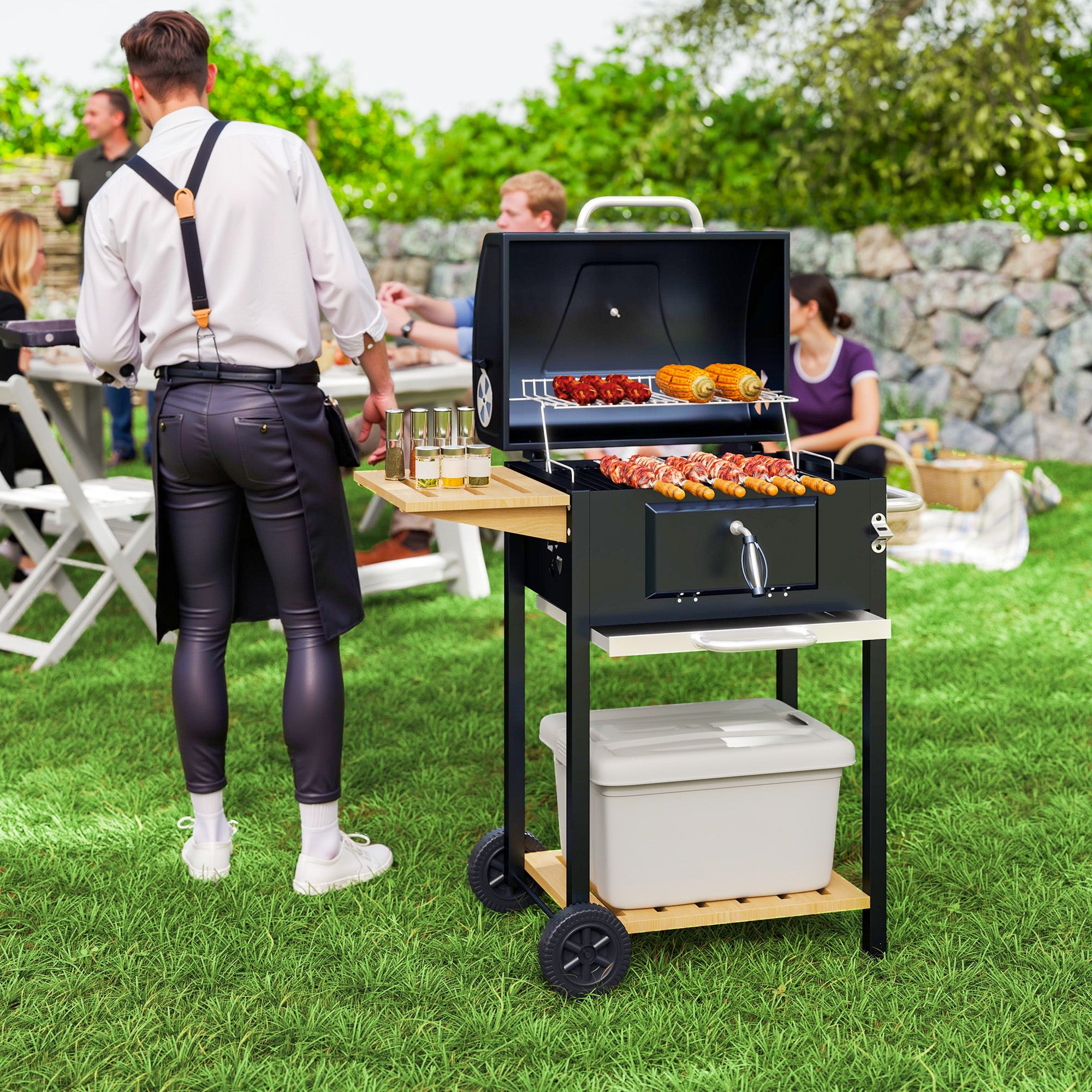 Outsunny Charcoal BBQ Grill, Outdoor Portable Cooker for Camping or Backyard Picnic, Barbecue Grill with Side Table, Bottom Storage Shelf, Wheels and Handle, Black