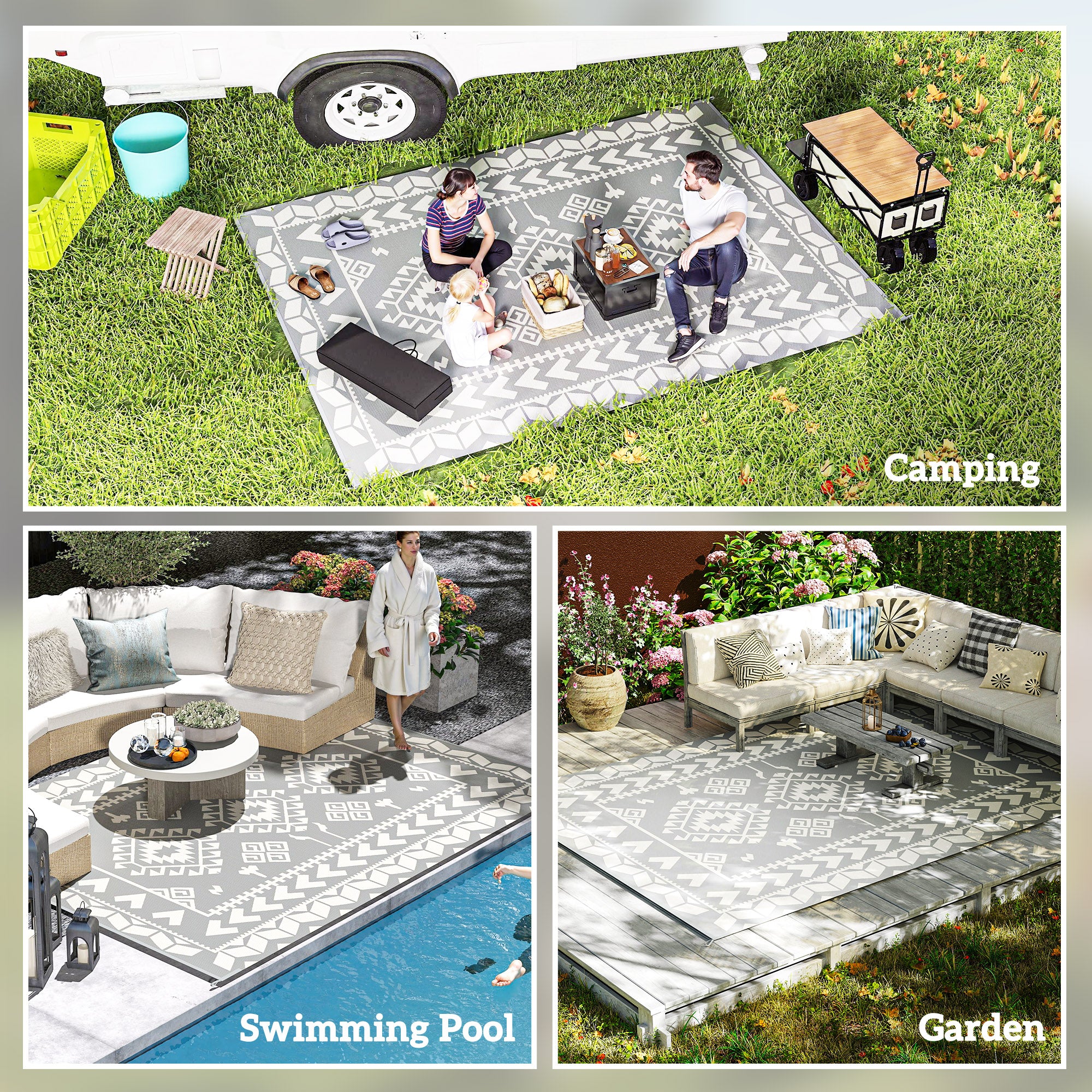 Outsunny Reversible Outdoor Rug, Waterproof Plastic Straw with Carry Bag, 9' x 12', Gray & White Rhombus Patchwork