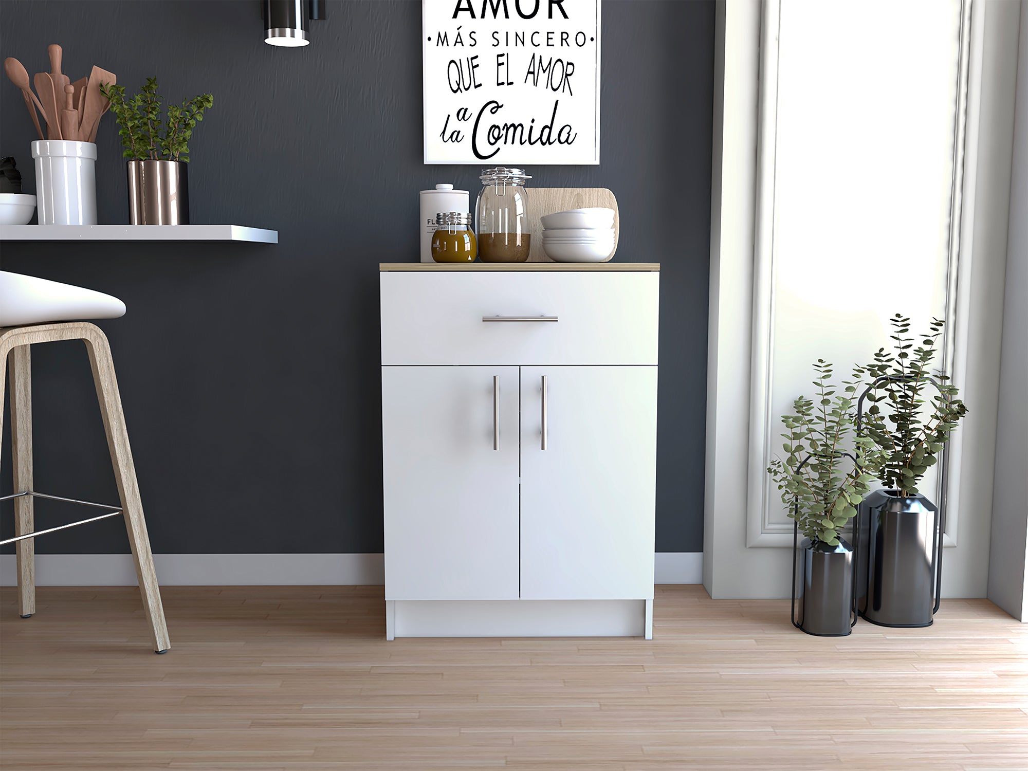 Mayorca Base Pantry Cabinet, One Drawer, Two Interior Shelves -White / Light Oak