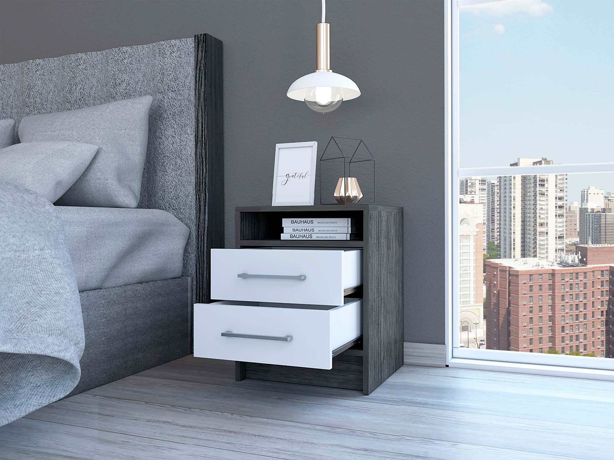 Eter Nightstand , End Table, Side Table Superior Top, Two Drawers -Smokey Oak / White