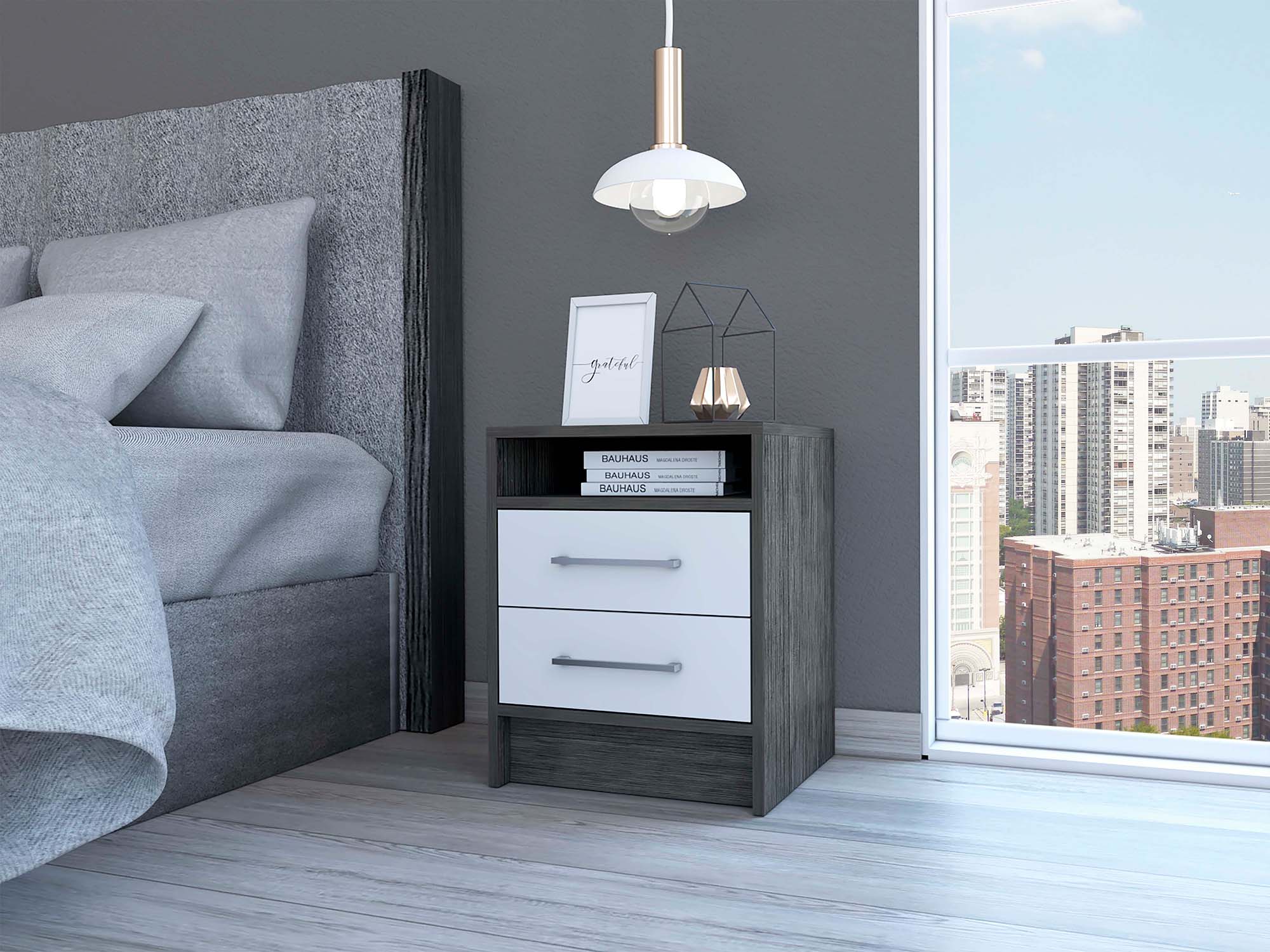 Eter Nightstand , End Table, Side Table Superior Top, Two Drawers -Smokey Oak / White