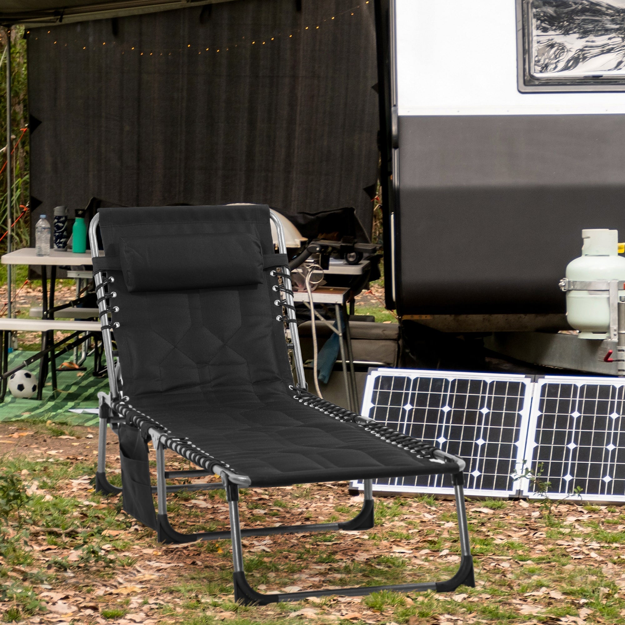 Outsunny Padded Folding Chaise Lounge Chair, Outdoor 6-Level Reclining Camping Tanning Chair with Headrest for Beach, Yard, Patio, Pool, Black