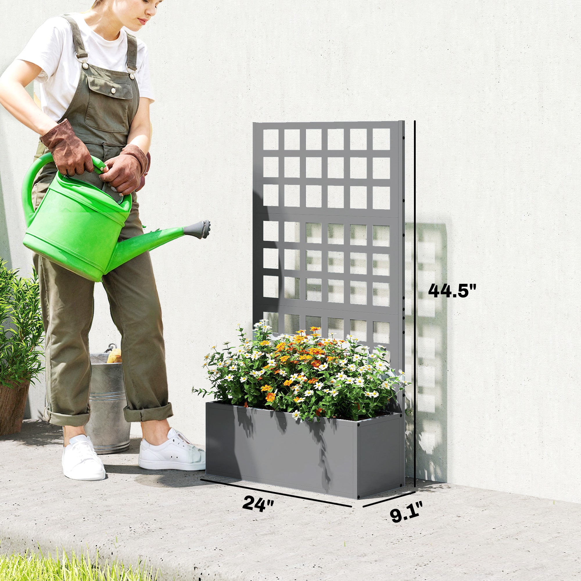 Outsunny Galvanized Raised Garden Bed Planter Box with Trellis for Climbing Plants, Vegetable, Vines, 24" x 9" x 44.5", Gray
