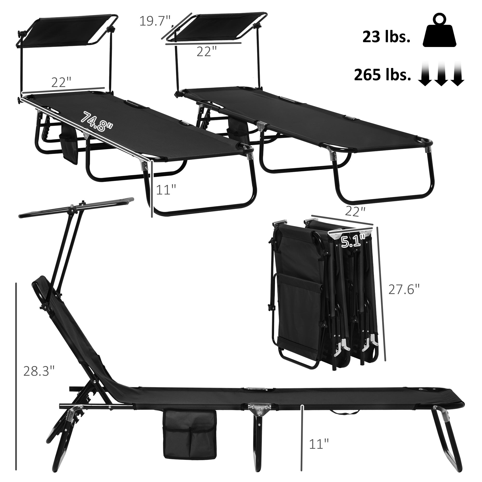 Outsunny Chaise Pool Lounge Chairs Set of 2, Outdoor Sun Tanning Chairs, Reclining Back, Steel Frame and Side Pocket, Black