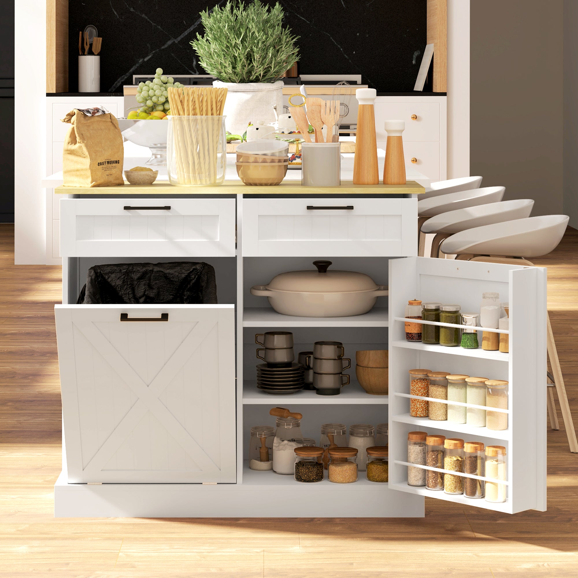 HOMCOM 10 Gallon Farmhouse Kitchen Cabinet with Hidden Trash Can and 2 Drawers, Tilt Out Trash Can Cabinet for Kitchen, White