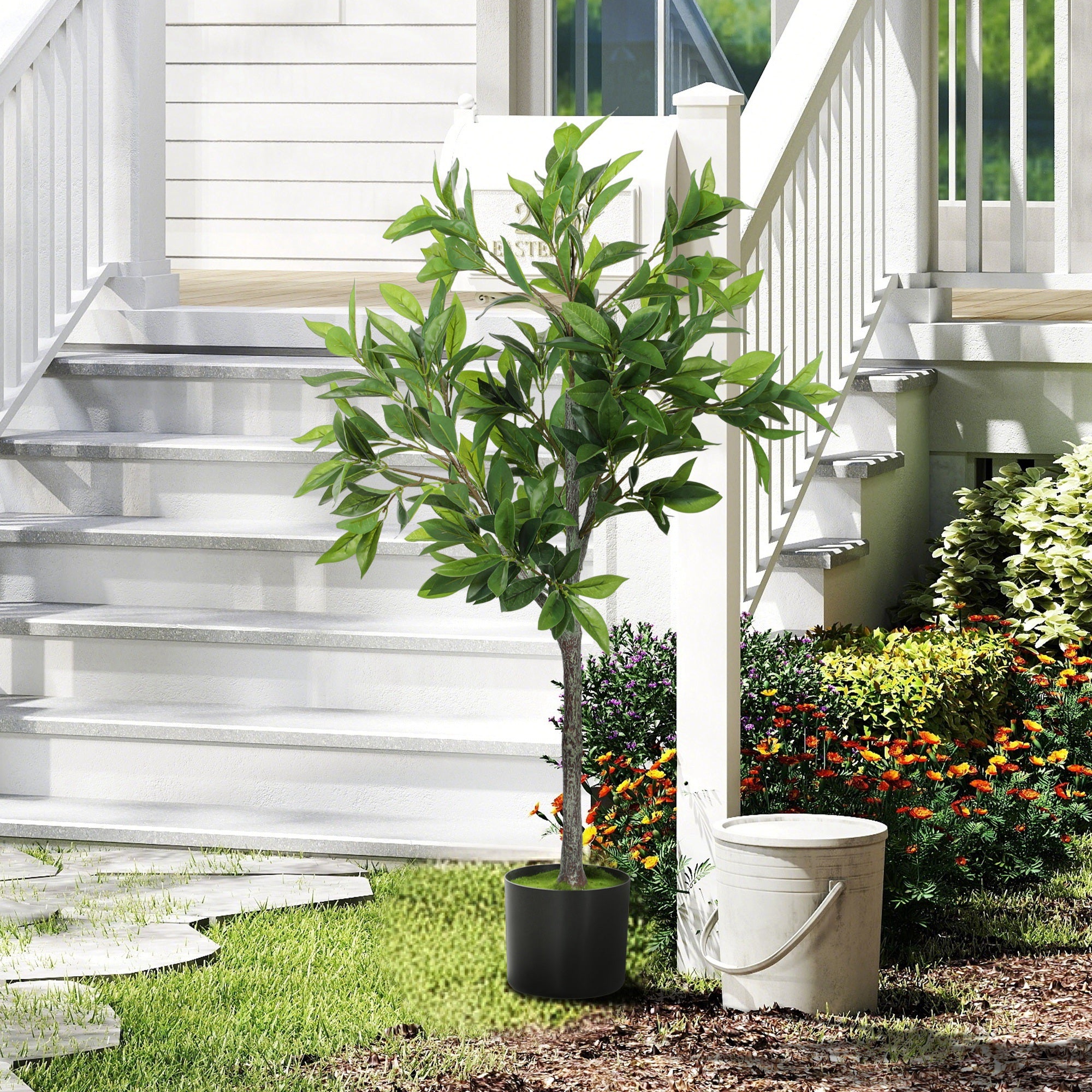 HOMCOM Potted Fake Plant, Lifelike Laurel Artificial Tree with 345 PEVA Leaves for Home Decor, Green