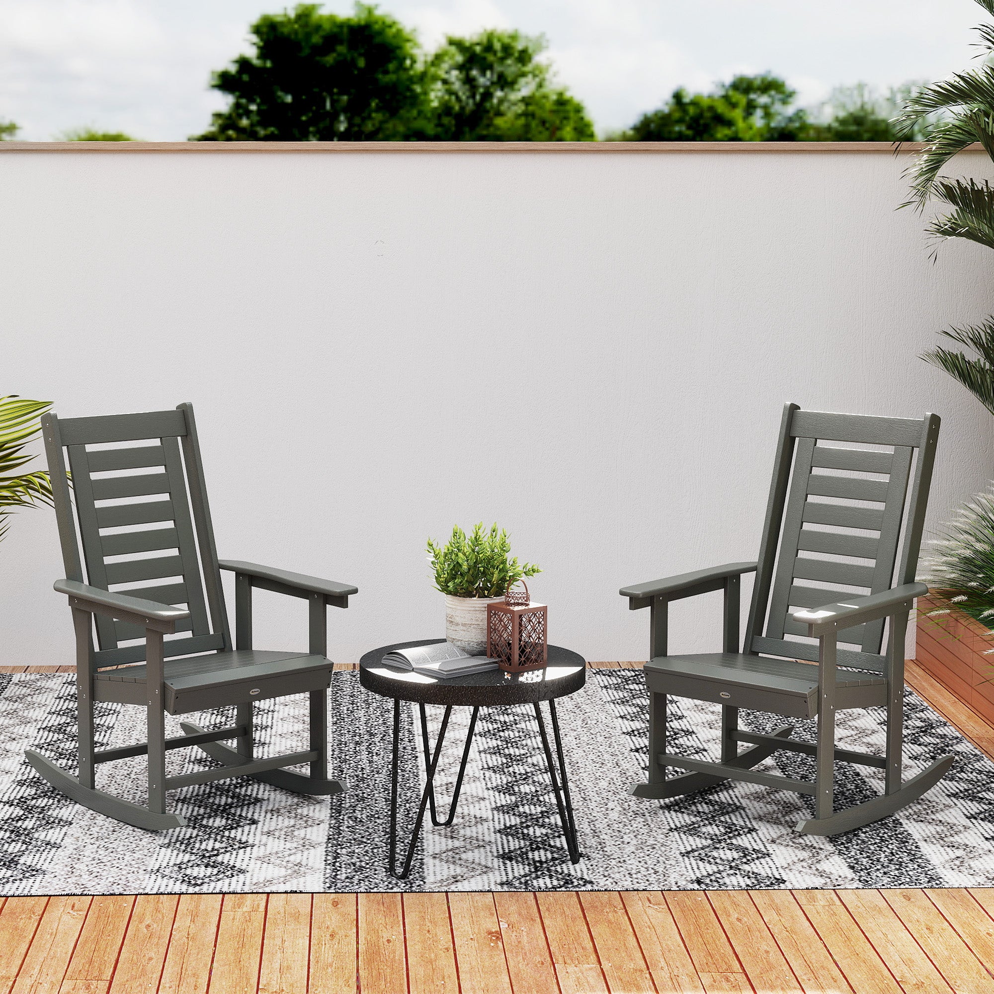 Outsunny 2 Pieces Outdoor Rocking Chairs, HDPE Patio Rockers with 28" High Back, Wide Armrests for Porch Backyard, Dark Gray