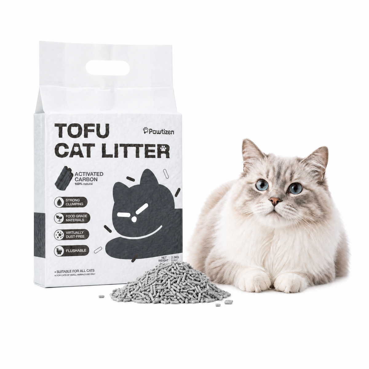 Pawtizen Natural Tofu Cat Litter 5.5LB(2.5KG) | Carbon Charcoal