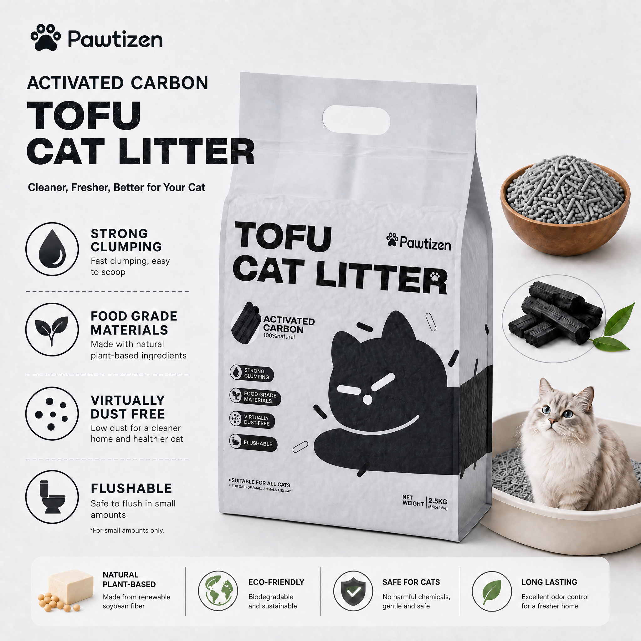 Pawtizen Natural Tofu Cat Litter 5.5LB(2.5KG) | Carbon Charcoal