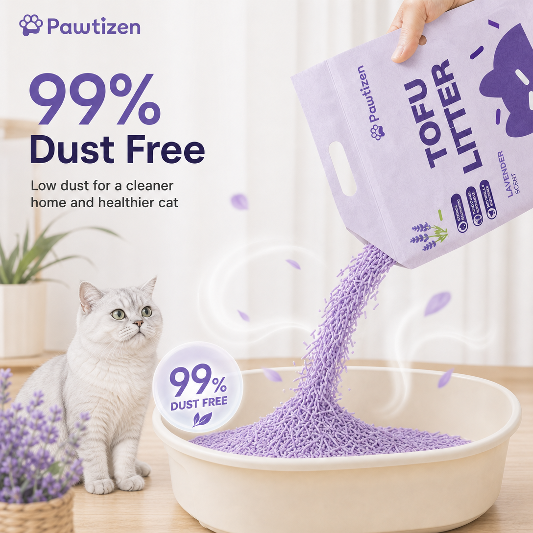 A hand pours lavender-colored Pawtizen tofu litter from a purple bag into a cream-colored cat litter box, with a white cat sitting nearby. The image features promotional text highlighting '99% Dust Free' and 'Low dust for a cleaner home and healthier cat'.