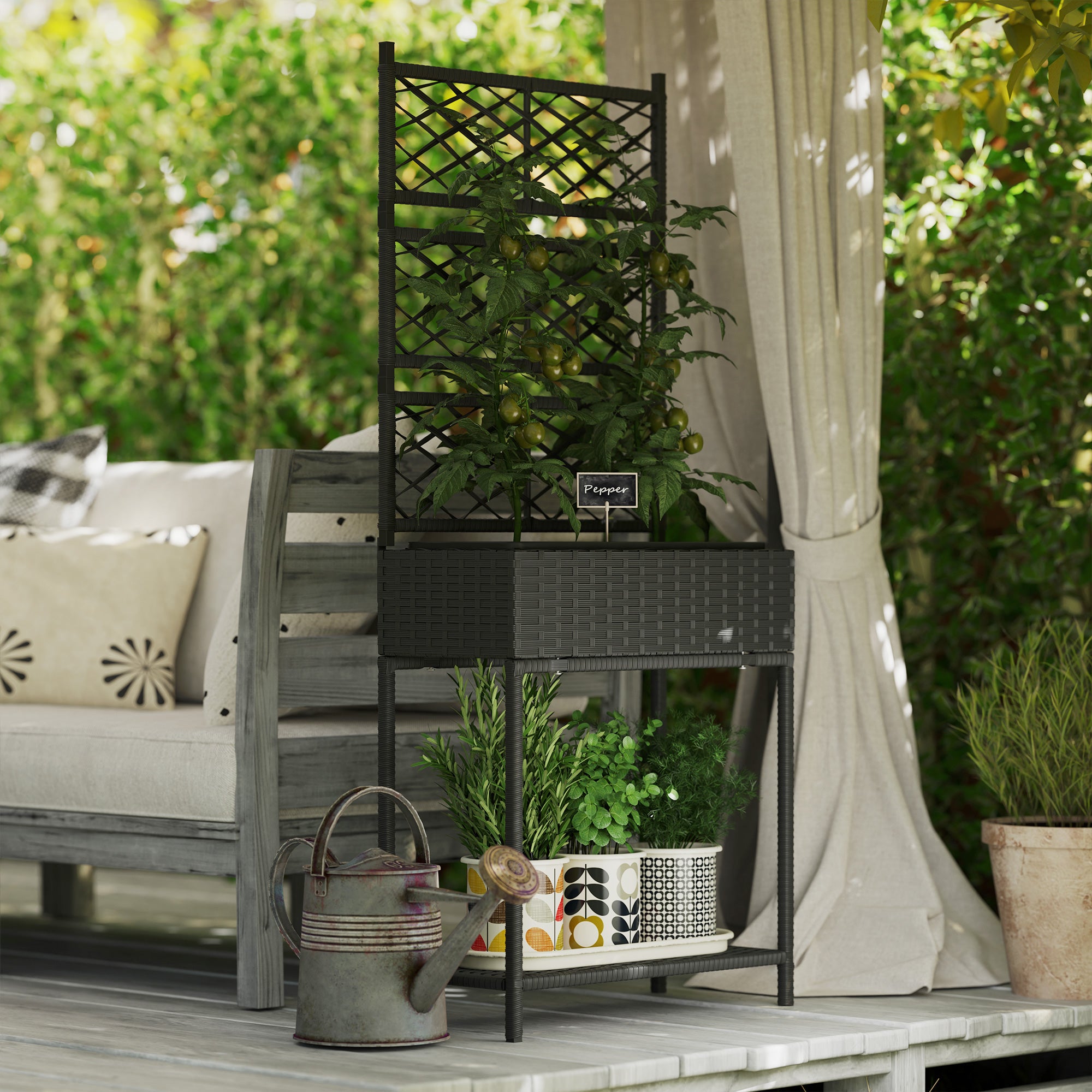 Outsunny Outdoor Wicker Planter with Trellis for Climbing Plants, Freestanding Rattan Garden Box with Storage Shelf, Black