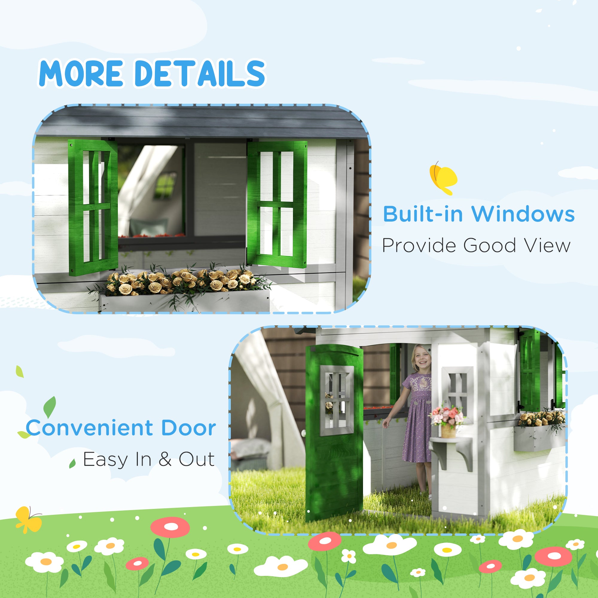 Outsunny Wooden Playhouse for Kids Outdoor with Doors, Windows, Planter Pots and Boxes for Toddlers 3-8 Years, White