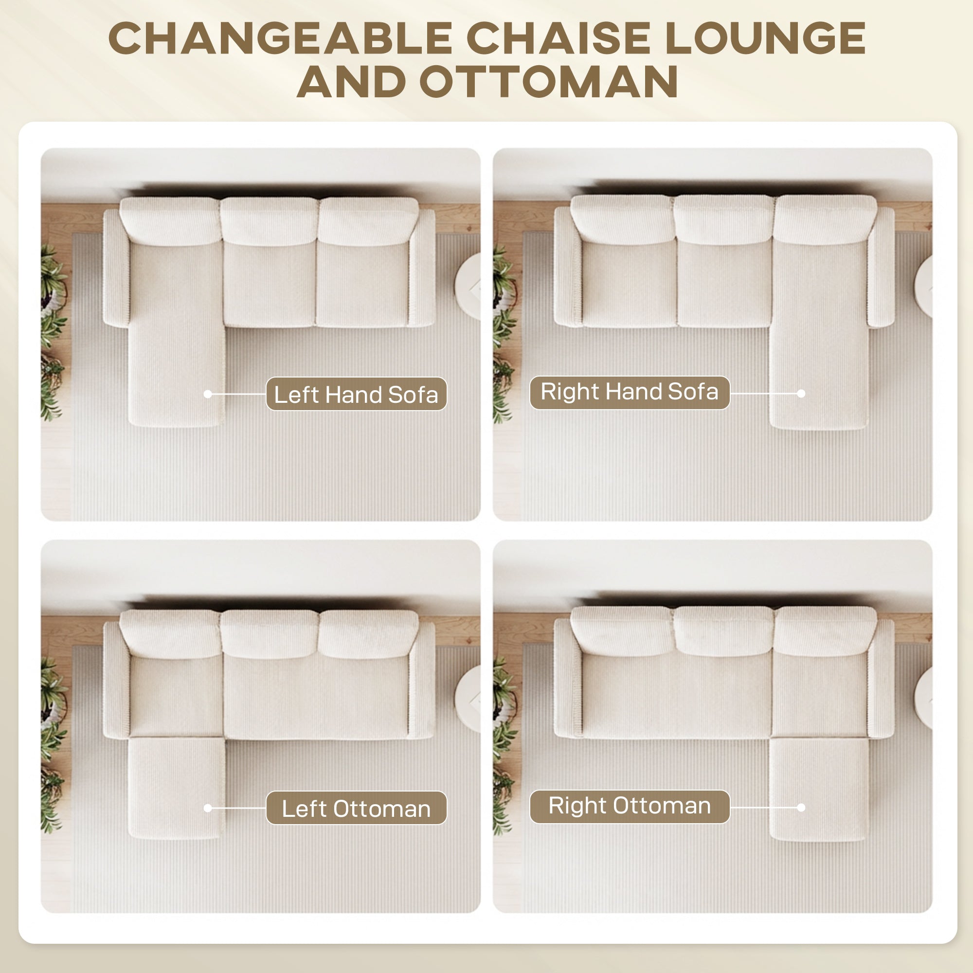 HOMCOM Sectional Sofa, L Shaped Couch, with Reversible Chaise or Ottoman, Cream White