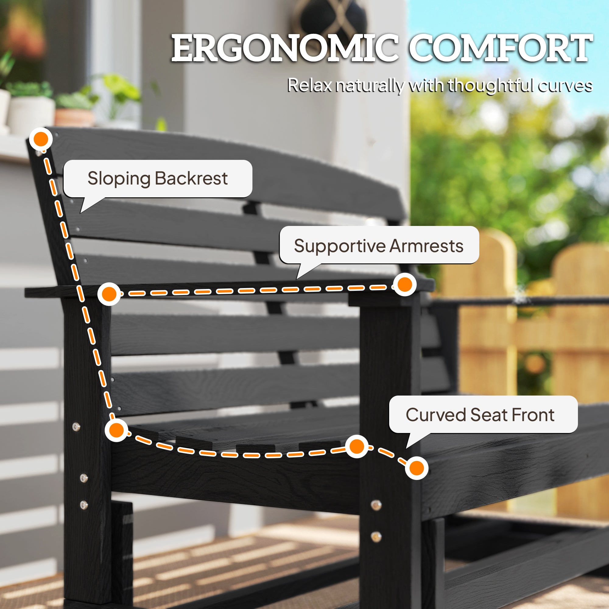 Outsunny Patio Glider Bench w/ HDPE Slatted Double Rocking Chair, Distressed Black
