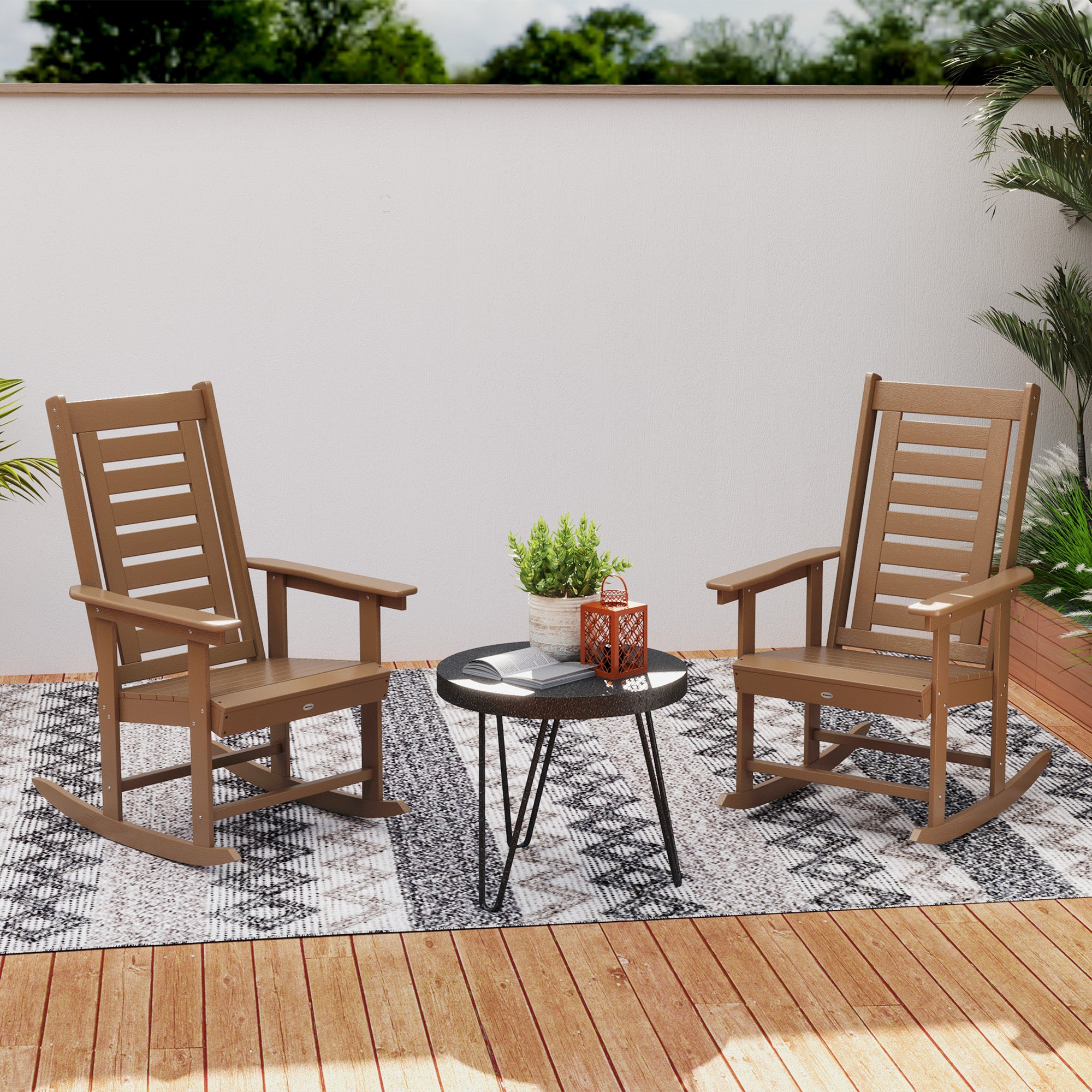 Outsunny 2 Pieces Outdoor Rocking Chairs, HDPE Patio Rockers with 28" High Back, Wide Armrests for Porch Backyard, Brown