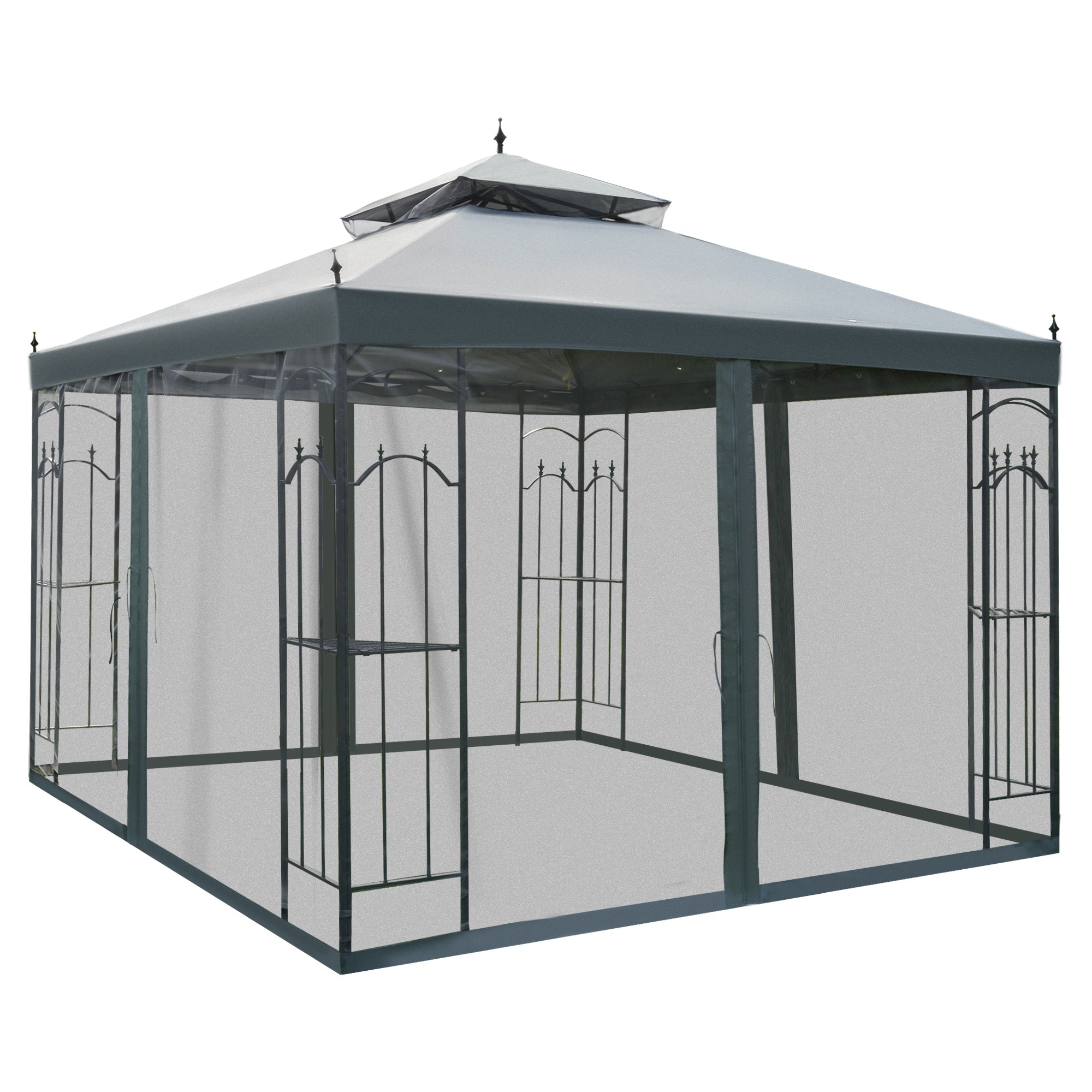 Outsunny 118" x 118" Steel Outdoor Patio Gazebo Canopy with Removable Mesh Curtains, Display Shelves, & Steel Frame, Gray