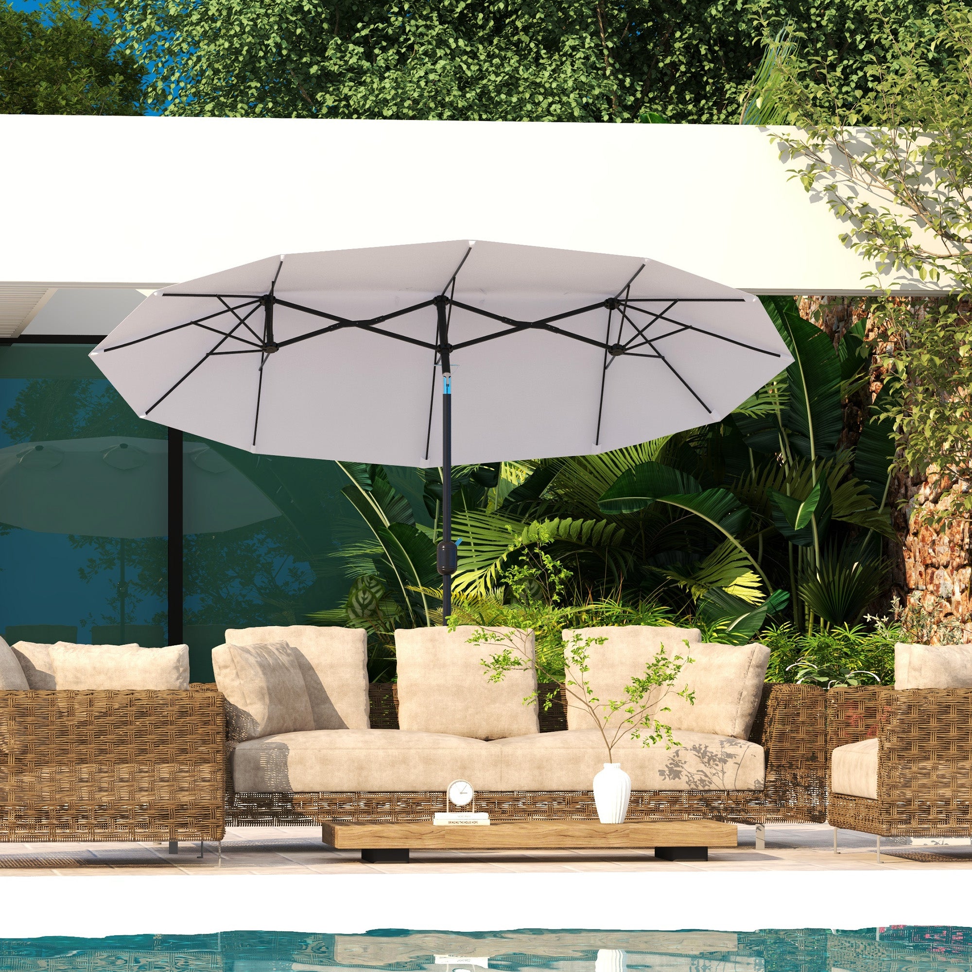 Outsunny Double Sided Patio Umbrella, 9.7' Large Outdoor Market Umbrella with Push Button Tilt and Crank, 3 Air Vents and 12 Ribs, for Garden, Deck, Pool, White