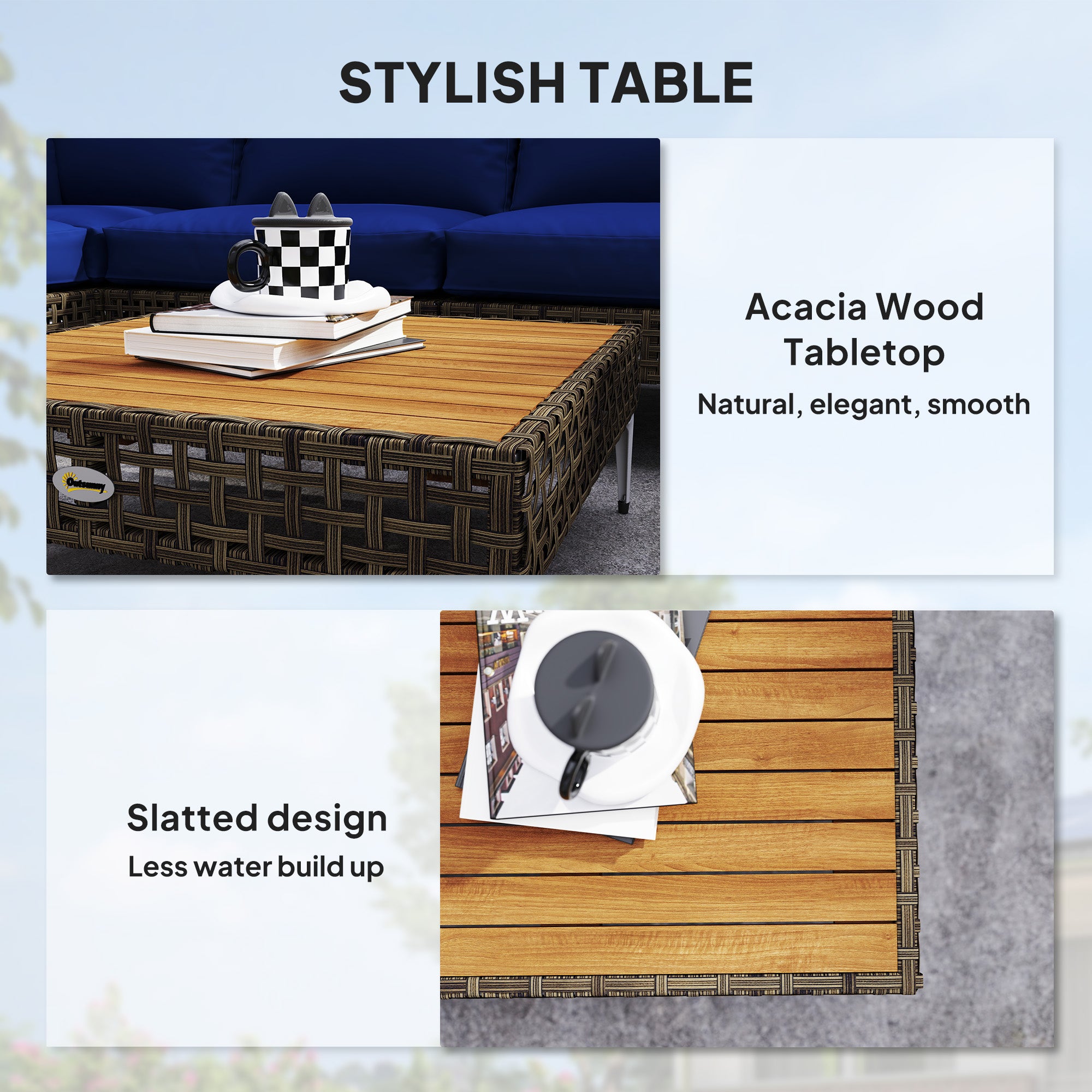 Outsunny 7 Piece Wicker Patio Furniture Set, Modular Outdoor Sectional with Thickened Cushions, Acacia Wood Table, Brown/Blue