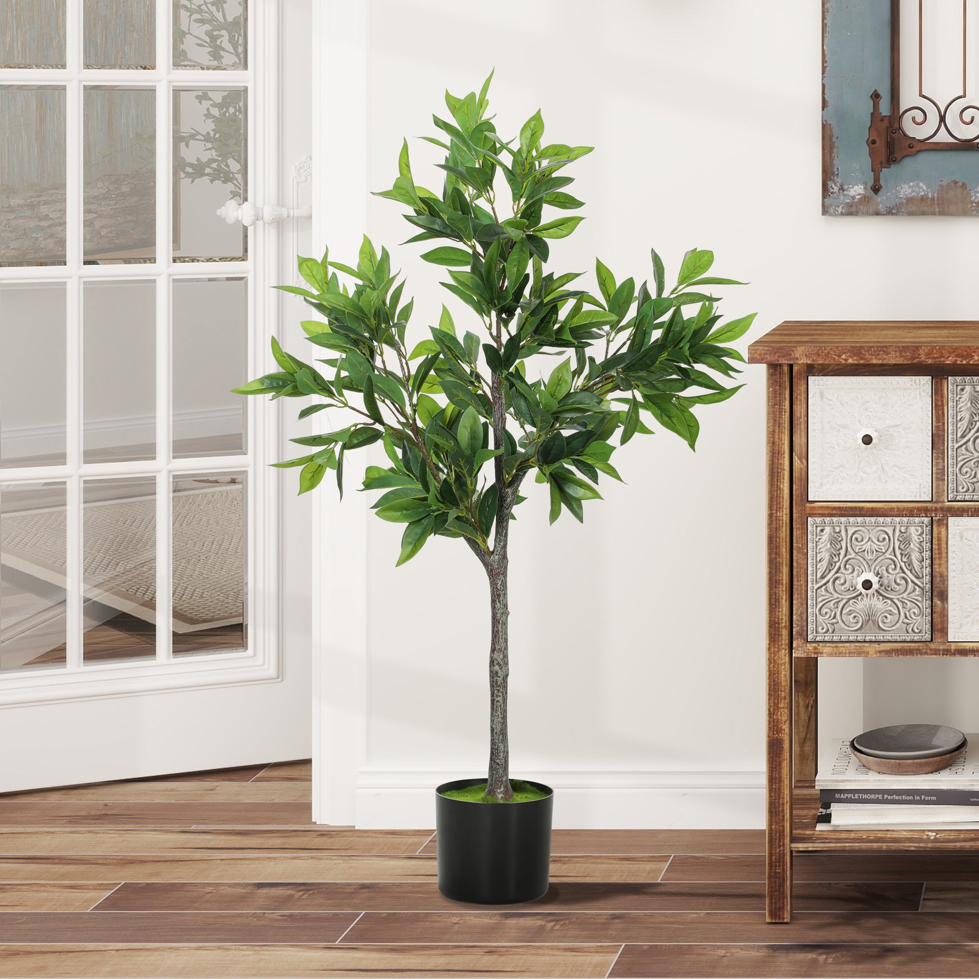 HOMCOM Potted Fake Plant, Lifelike Laurel Artificial Tree with 345 PEVA Leaves for Home Decor, Green