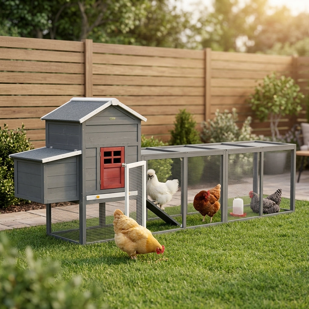 PawHut 118" Extra Large Chicken Coop with Asphalt Roof, Wooden Hen Run with Slide-Out Tray and Nesting Box, Chicken Hutch for 3-6 Chickens, Gray