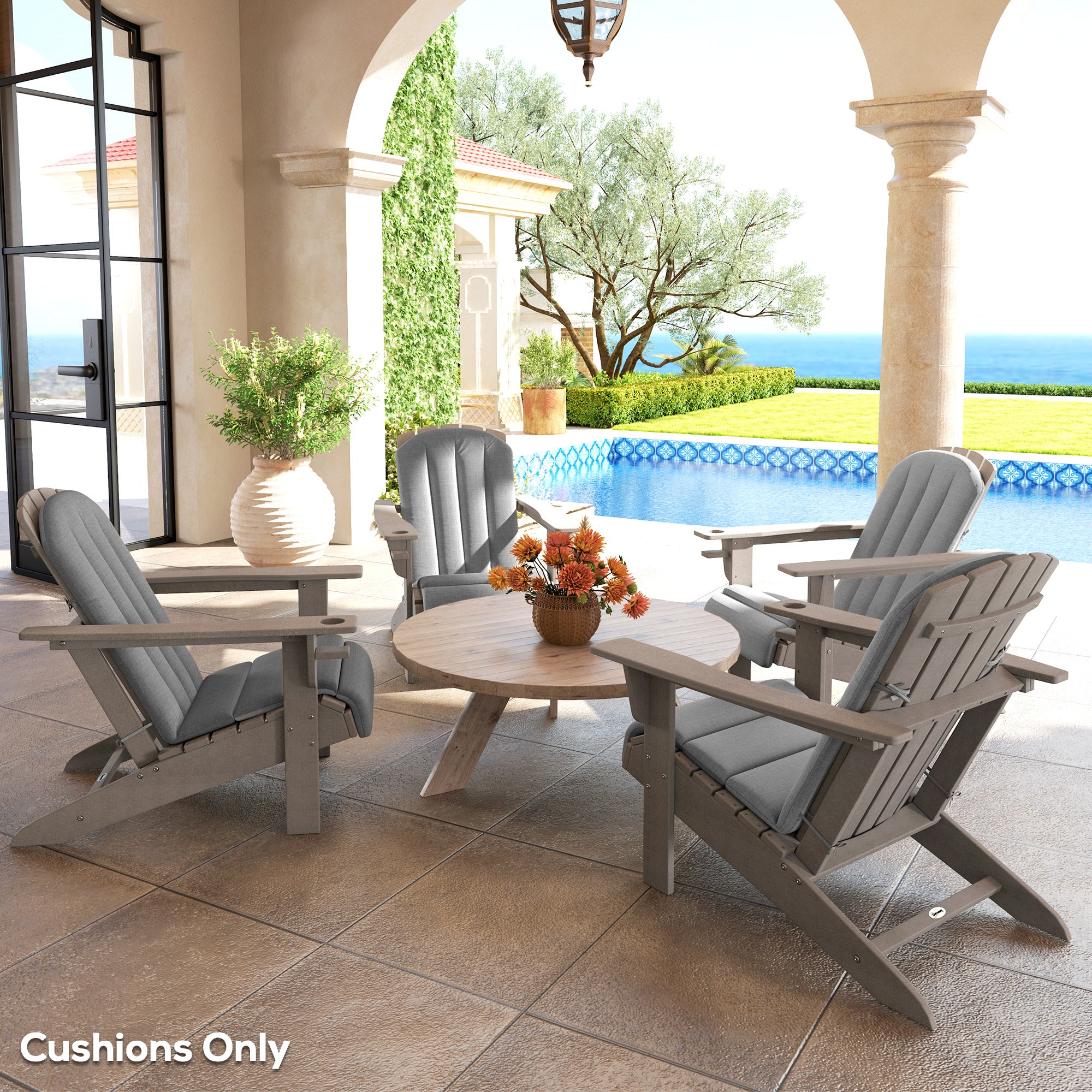 Outsunny Set of 4 Outdoor Chair Cushions, High Back Adirondack Chair Cushion with Ties, High-Density Foam, Gray