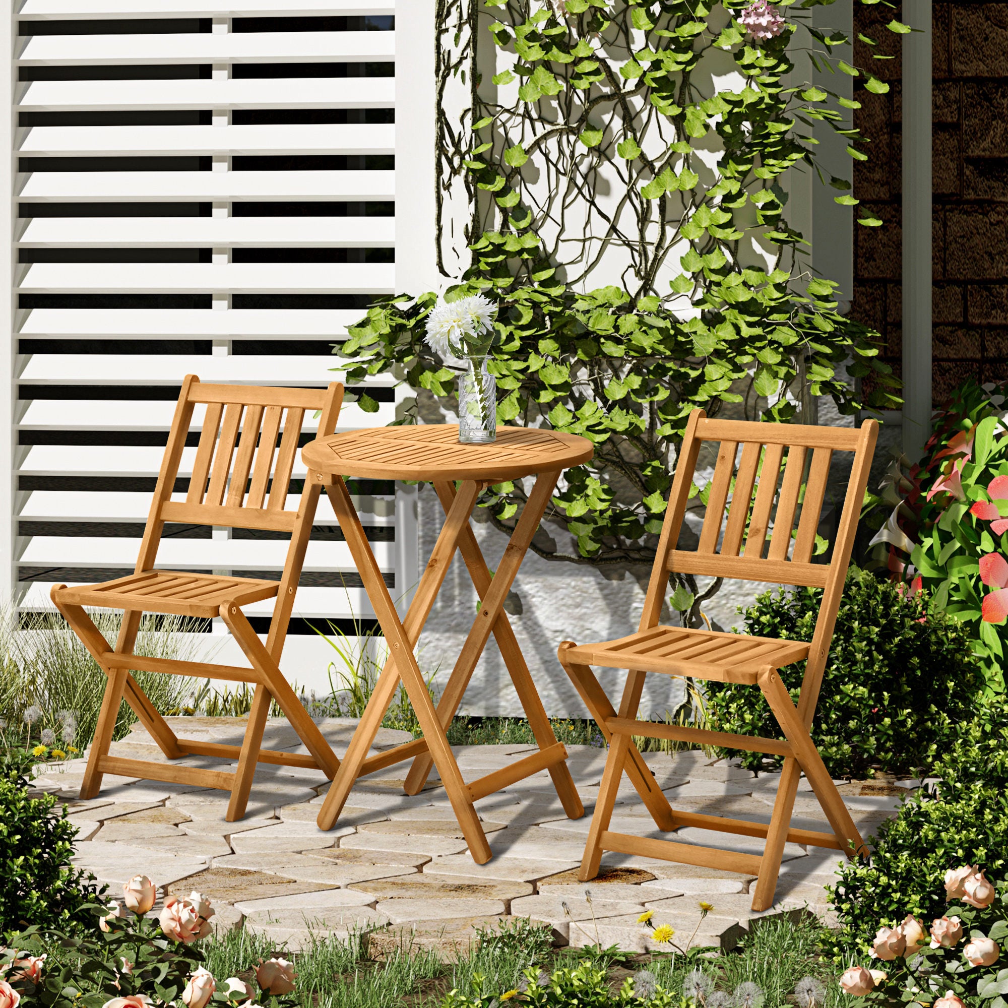 Outsunny 3-Piece Acacia Wood Bistro Set, Folding Patio Furniture with 2 Folding Chairs and Round Coffee Table, Teak, Slatted Finish, for Backyard, Balcony, Deck, Natural