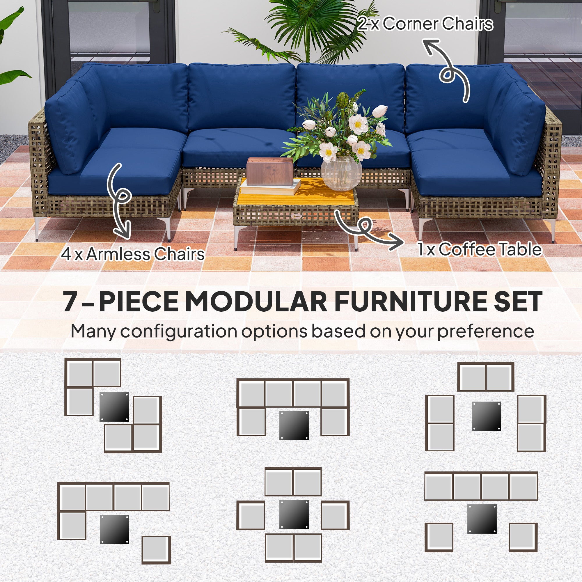 Outsunny 7 Piece Wicker Patio Furniture Set, Modular Outdoor Sectional with Thickened Cushions, Acacia Wood Table, Brown/Blue