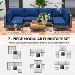 Outsunny 7 Piece Wicker Patio Furniture Set, Modular Outdoor Sectional with Thickened Cushions, Acacia Wood Table, Brown/Blue