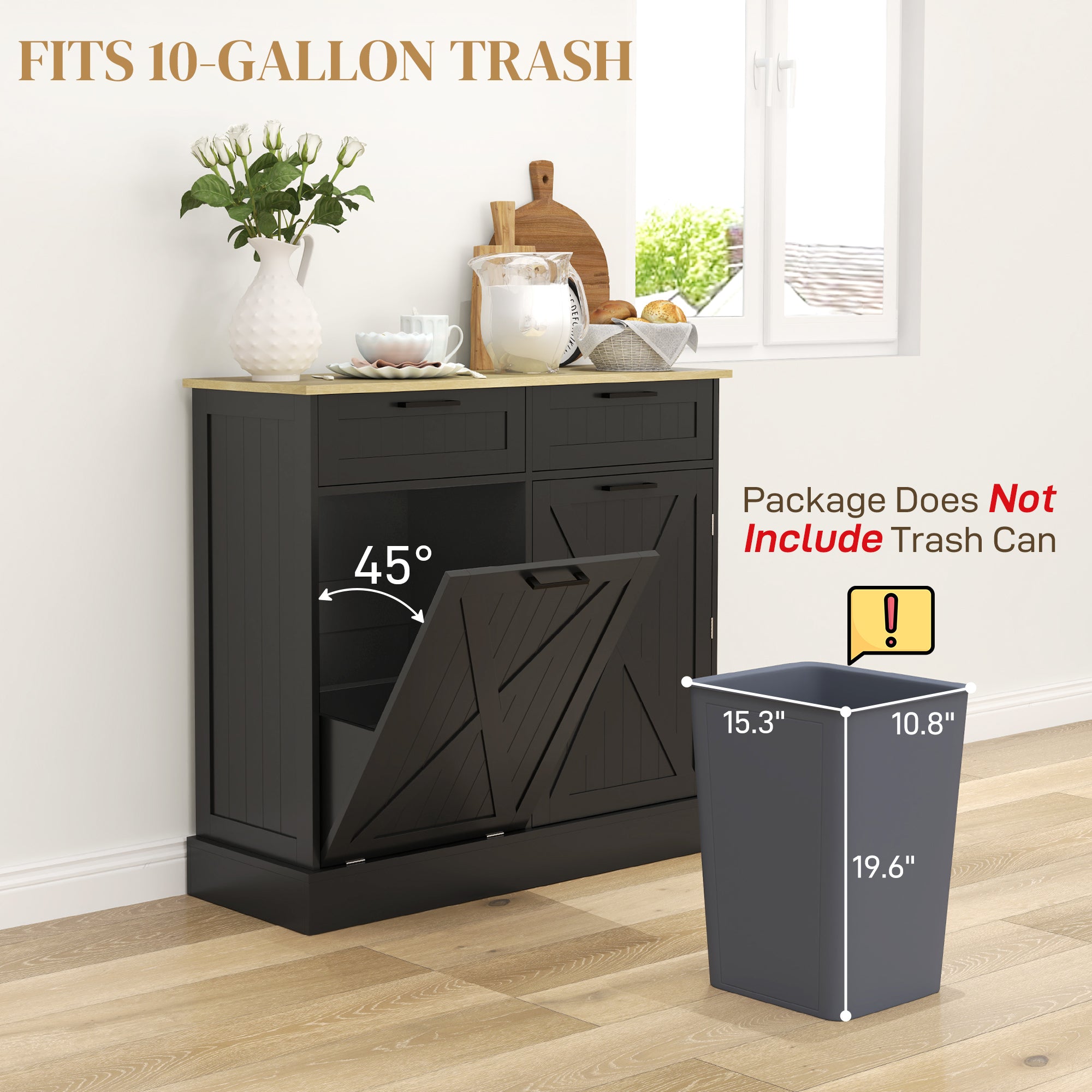 HOMCOM 10 Gallon Farmhouse Kitchen Cabinet with Hidden Trash Can and 2 Drawers, Tilt Out Trash Can Cabinet for Kitchen, Black