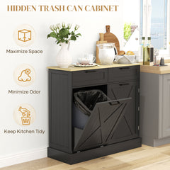 HOMCOM 10 Gallon Farmhouse Kitchen Cabinet with Hidden Trash Can and 2 Drawers, Tilt Out Trash Can Cabinet for Kitchen, Black