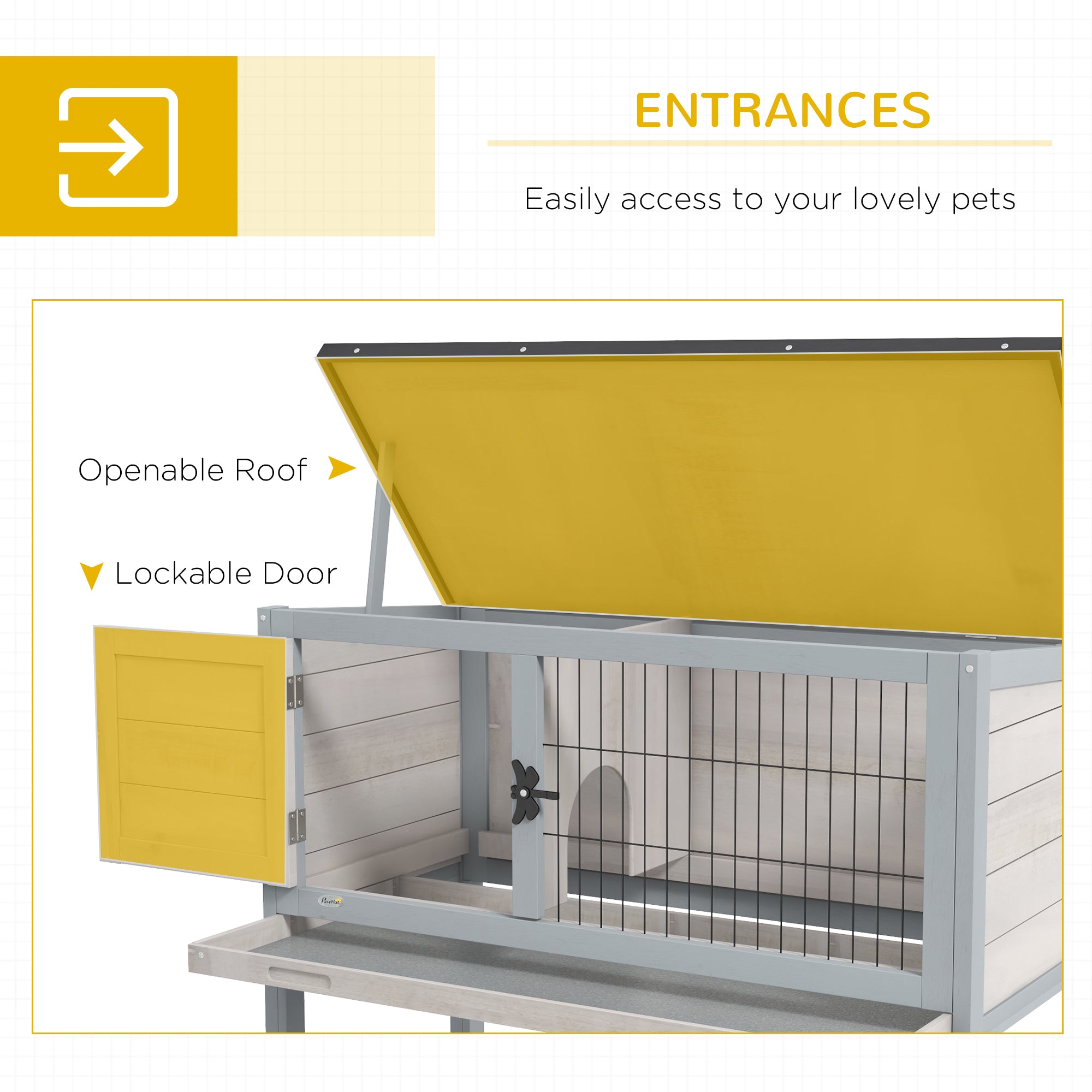 PawHut Elevated Rabbit Hutch, Wooden Bunny Cage with Hinged Asphalt Roof and Removable Tray, for Indoor/Outdoor, Gray