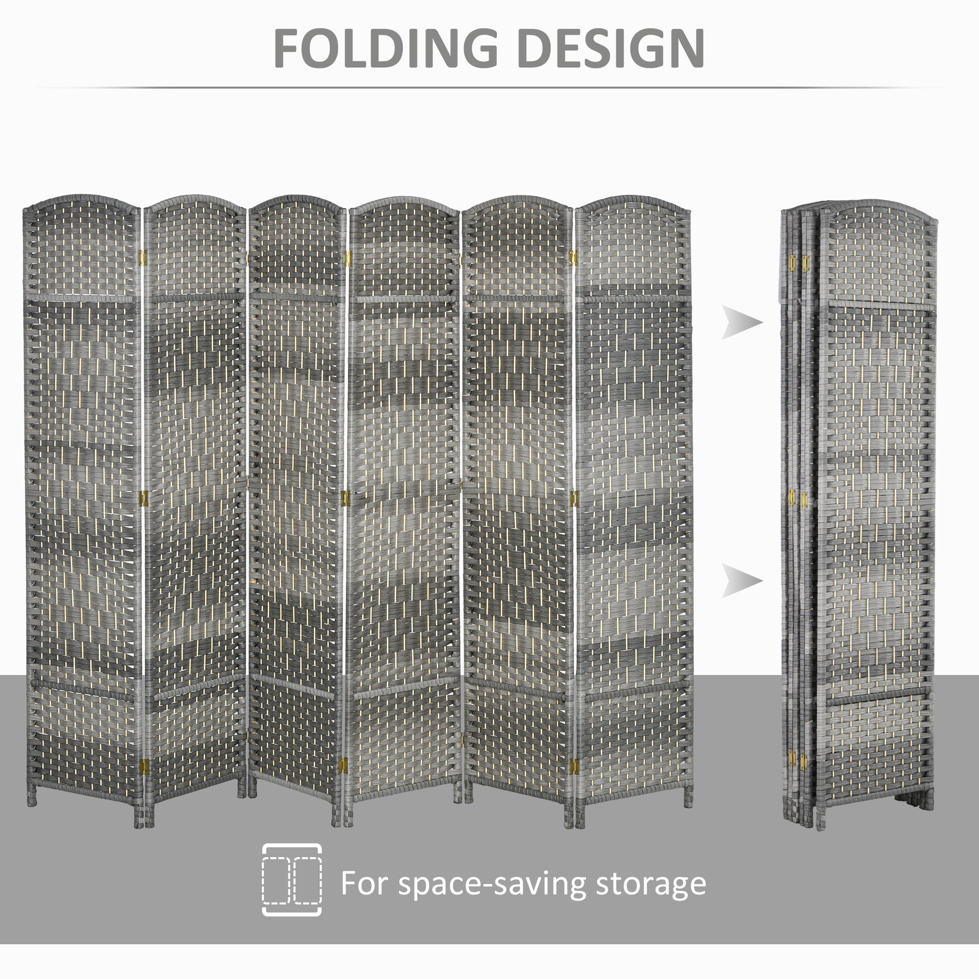 HOMCOM Folding Room Divider Screen 6 Panel 6' Tall Privacy Screen Freestanding Wood Partition for Home Office, Mixed Gray