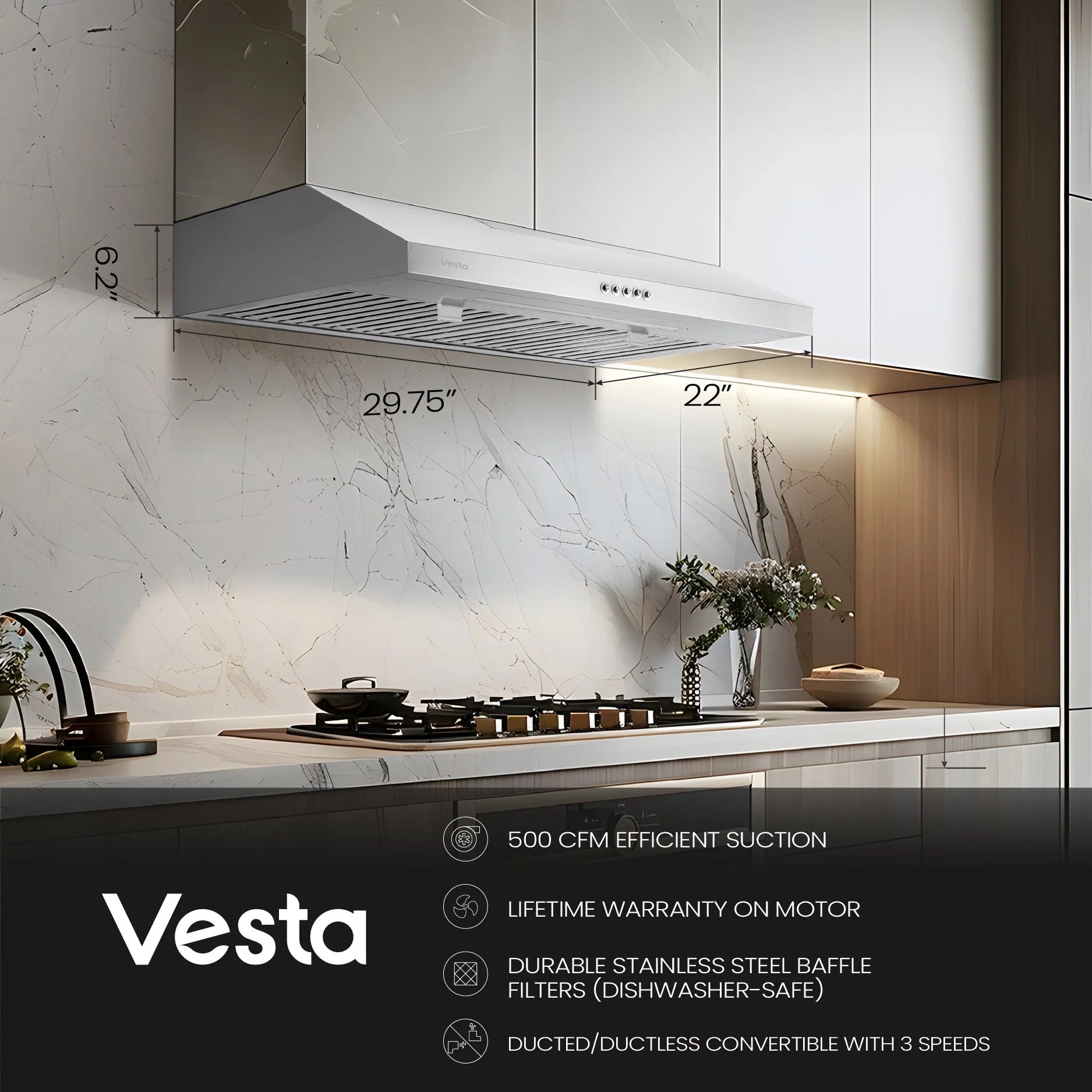Charlotte 30 inch | Silver | 500 CFM Under-Cabinet Range Hood