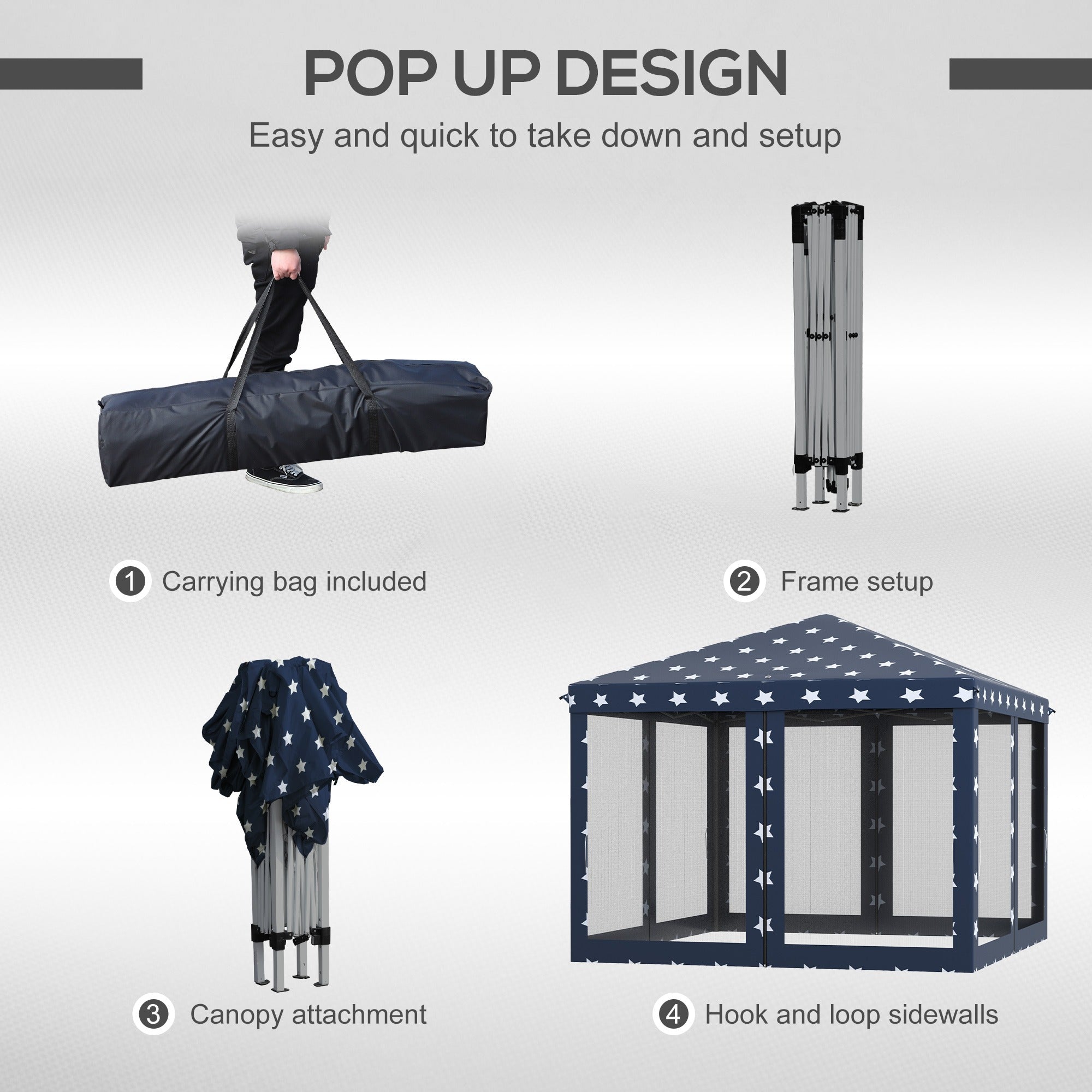 Outsunny 10' x 10' Pop Up Canopy Tent with Netting, Instant Gazebo for 4th of July Parties, Backyard BBQ & Outdoor Events – Navy Blue with Stars