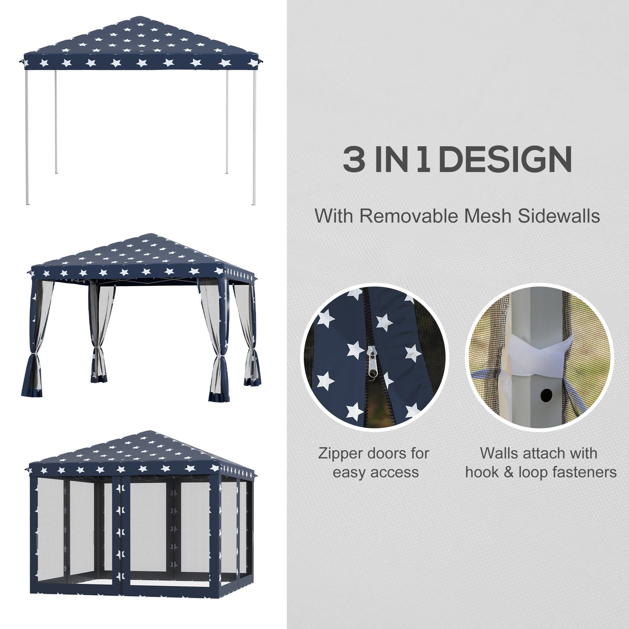 Outsunny 10' x 10' Pop Up Canopy Tent with Netting, Instant Gazebo for 4th of July Parties, Backyard BBQ & Outdoor Events – Navy Blue with Stars