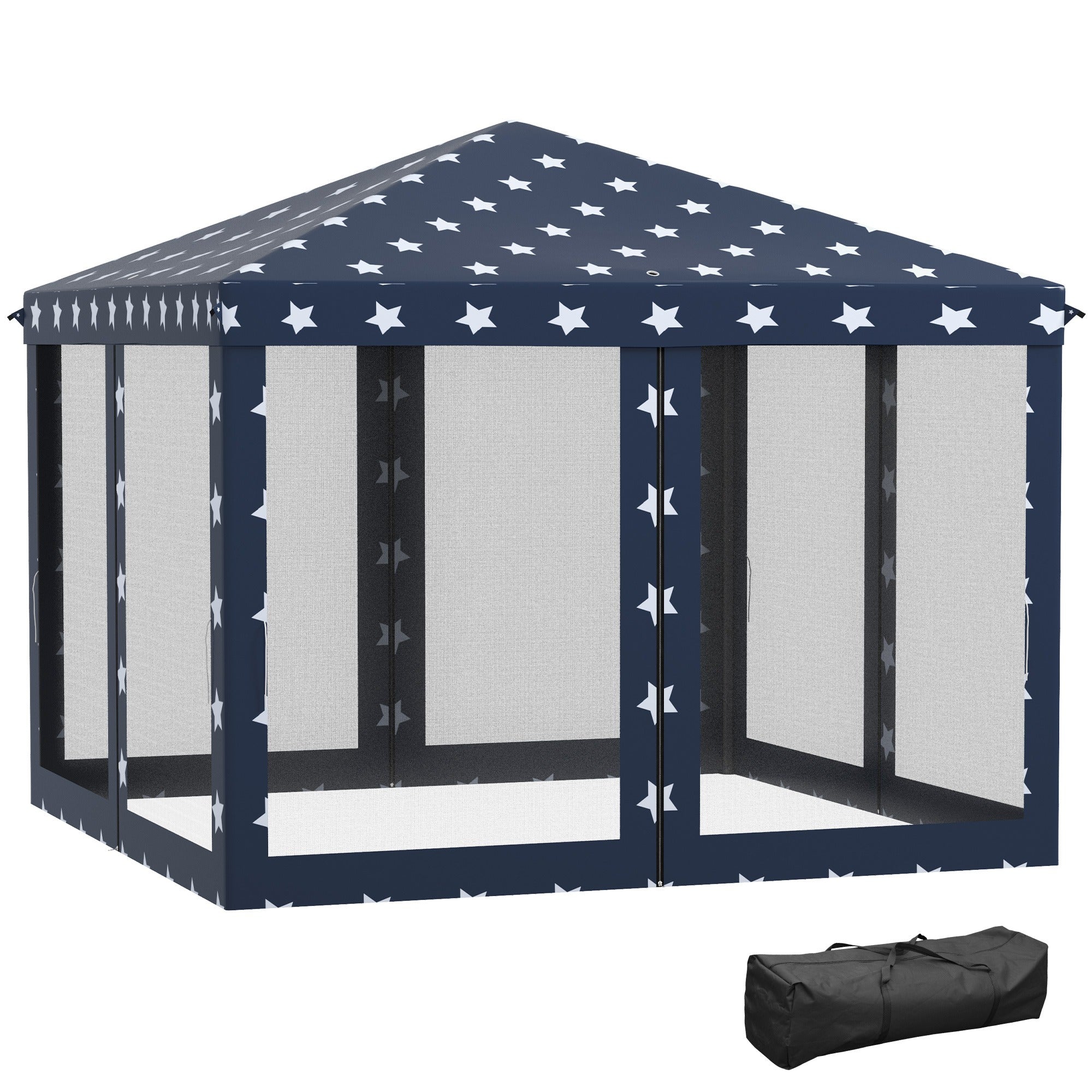 Outsunny 10' x 10' Pop Up Canopy Tent with Netting, Instant Gazebo for 4th of July Parties, Backyard BBQ & Outdoor Events – Navy Blue with Stars