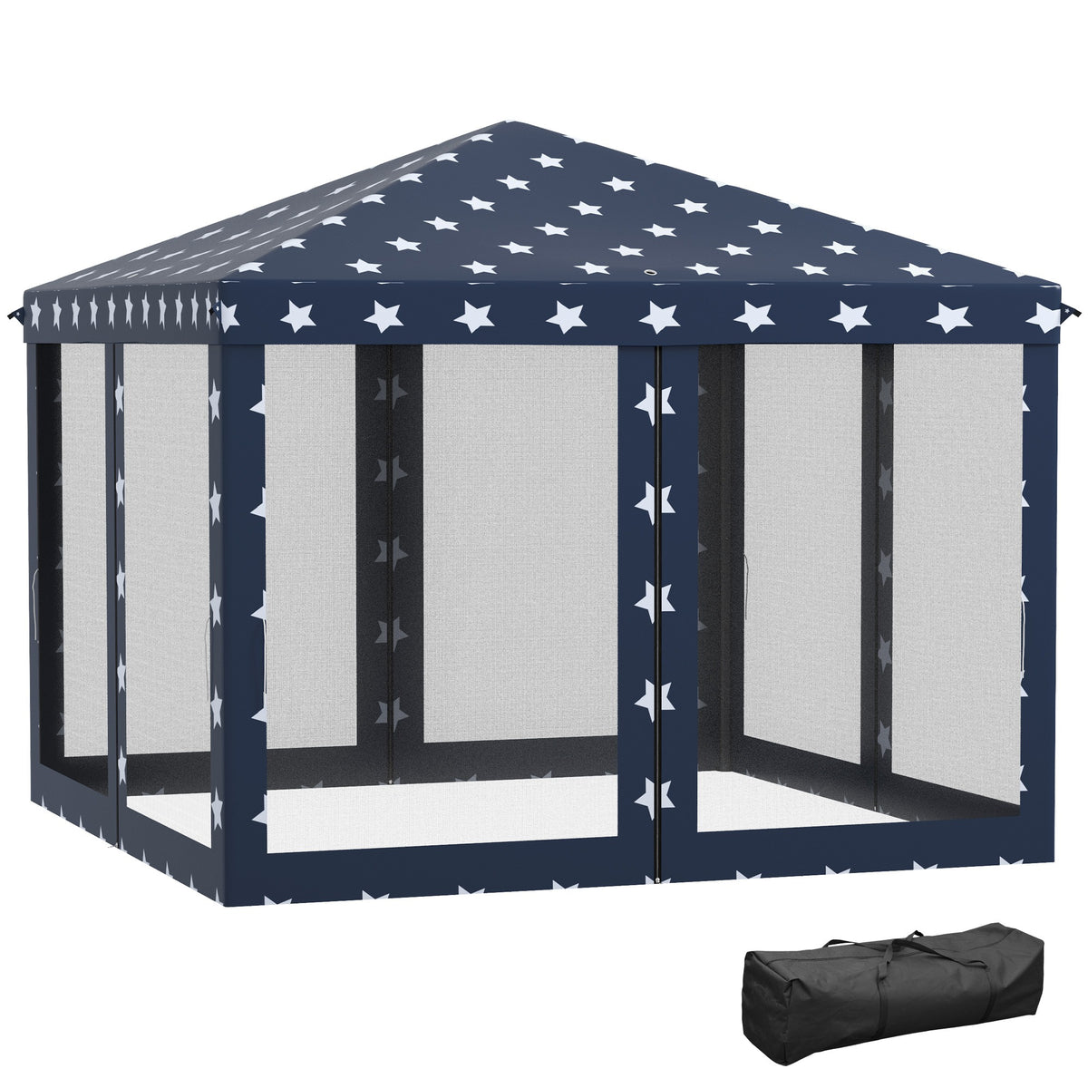 Outsunny 10' x 10' Pop Up Canopy Tent with Netting, Instant Gazebo for 4th of July Parties, Backyard BBQ & Outdoor Events – Navy Blue with Stars